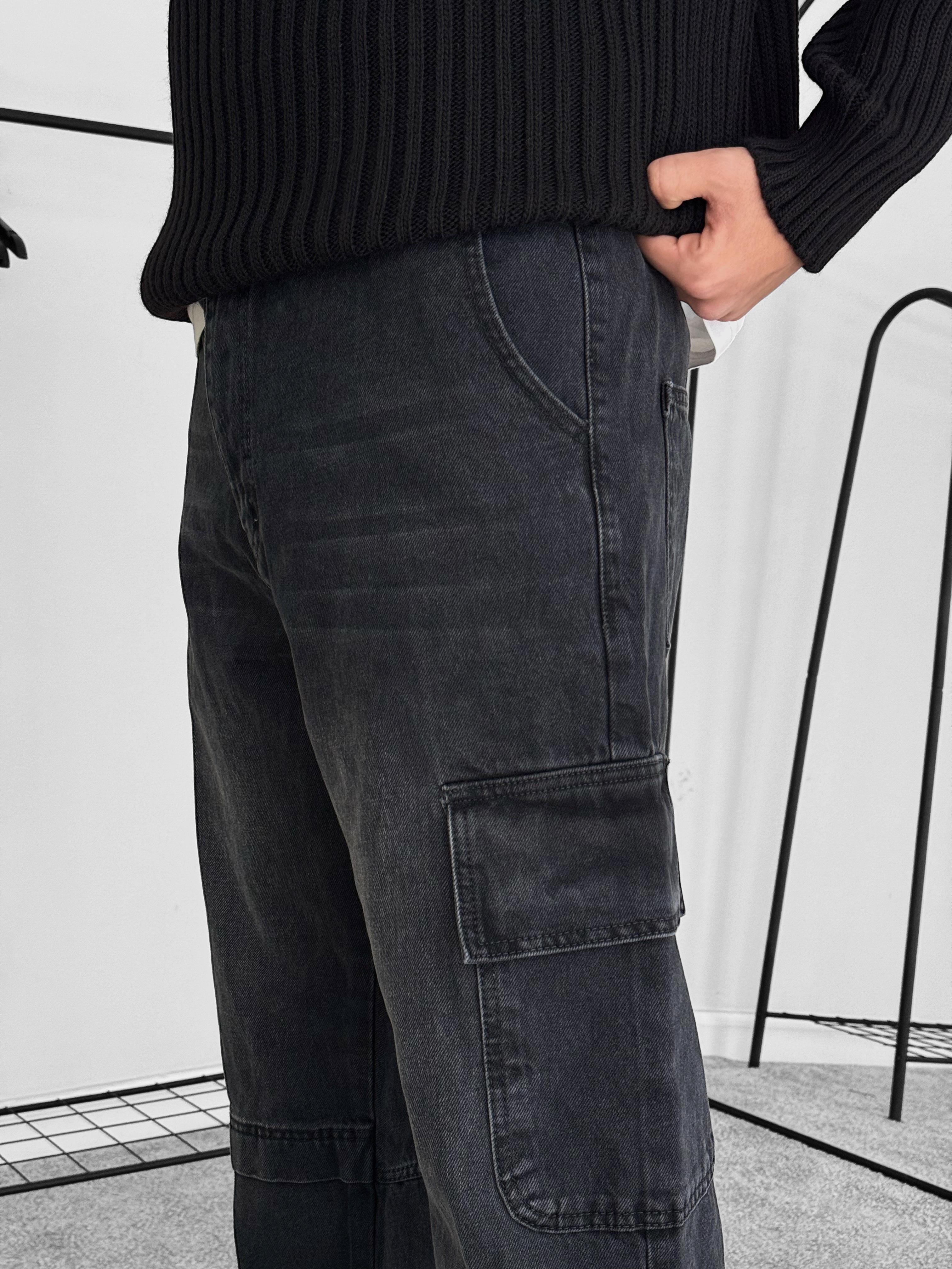 Ripped Yıkamalı Kargo Cepli Baggy Pantolon (VV203) - Siyah