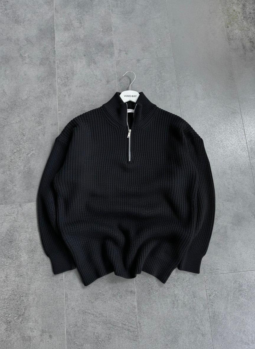 Yarım Fermuarlı Oversize Triko Kazak (VV402) - Siyah