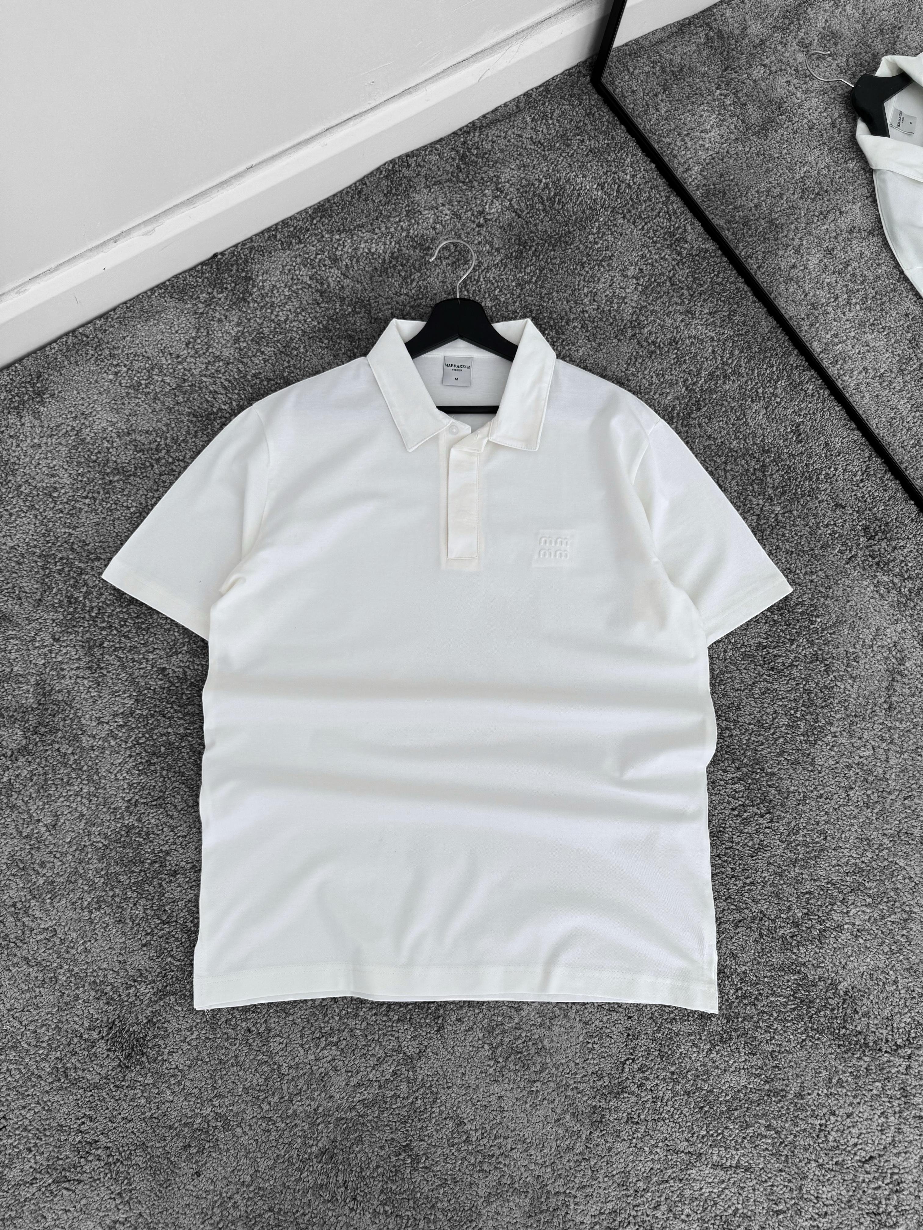 MM Kabartma Baskılı Oversize Polo Yaka Tişört (VV321) - Beyaz