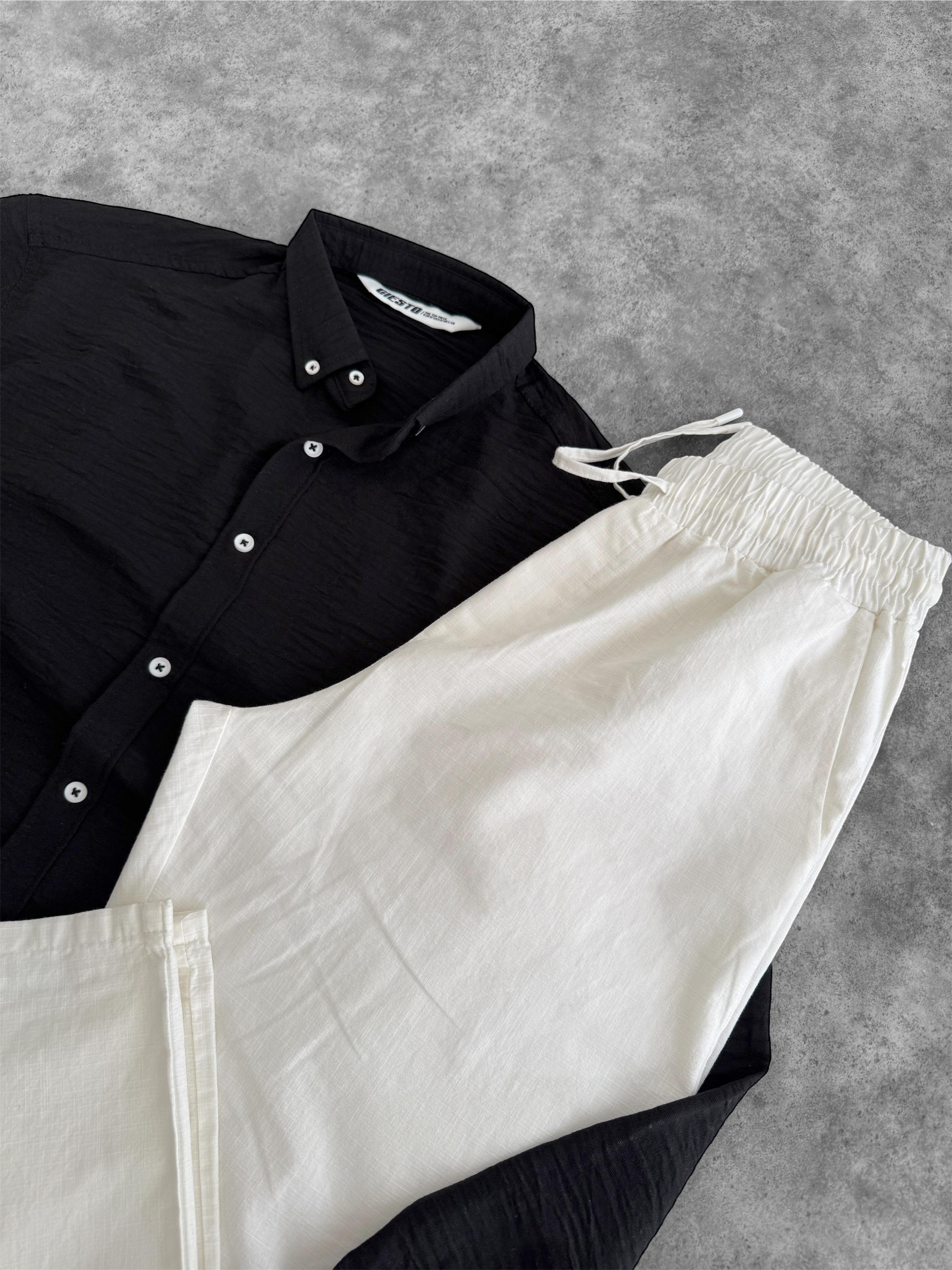 Siyah Oversize Keten Gömlek & Ekru Giesto Baggy Kalıp Keten Pantolon (VV347)