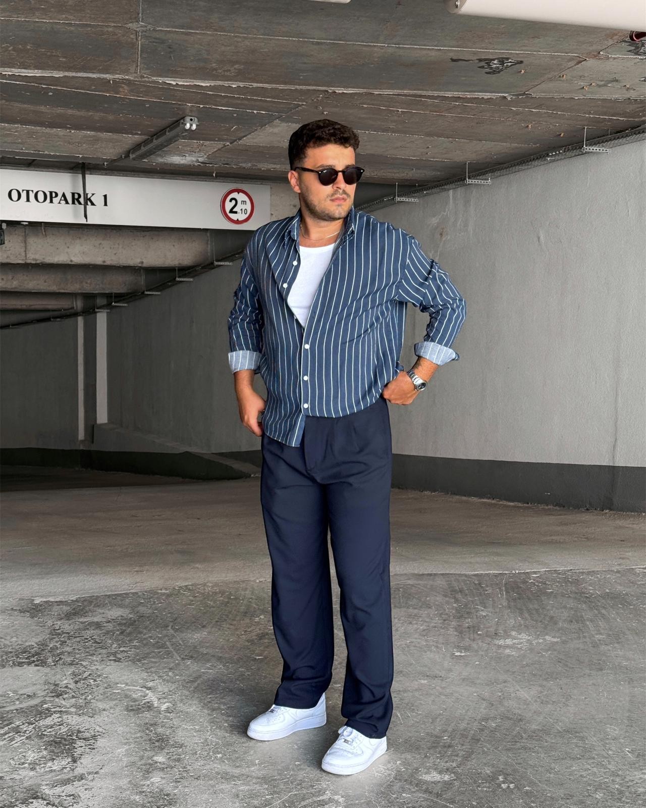 Lacivert Çizgili Oversize Tensel Gömlek & Lacivert Giesto Baggy Kumaş Pantolon (VV355)