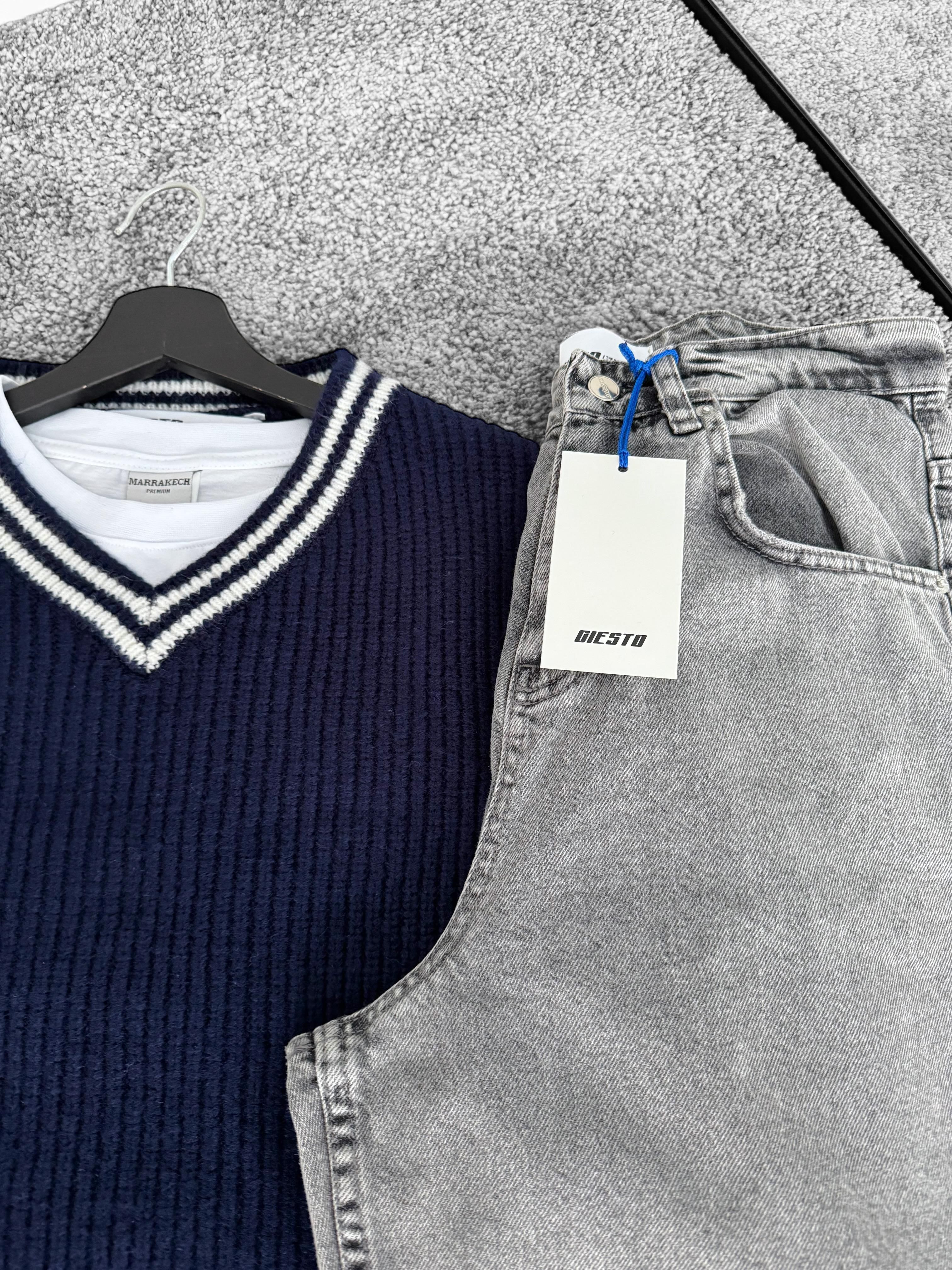 Lacivert V Yaka Oversize Kalın Kumaş Uzun Kollu Süveter & Kar Yıkama Baggy Kalıp Pantolon (VV183)