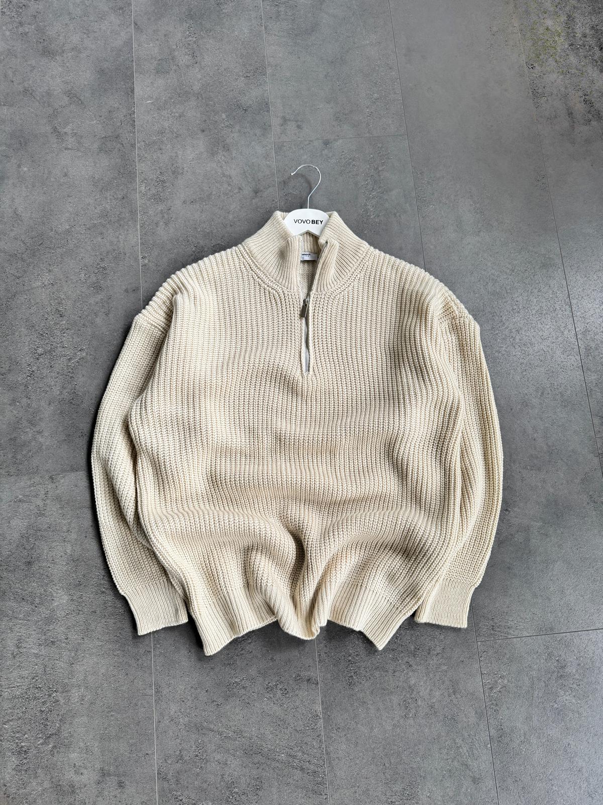 Yarım Fermuarlı Oversize Triko Kazak (VV402) - Ekru