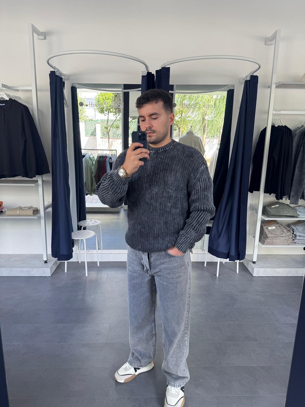 Yıkamalı Oversize Triko Kazak (VV377) - Antrasit