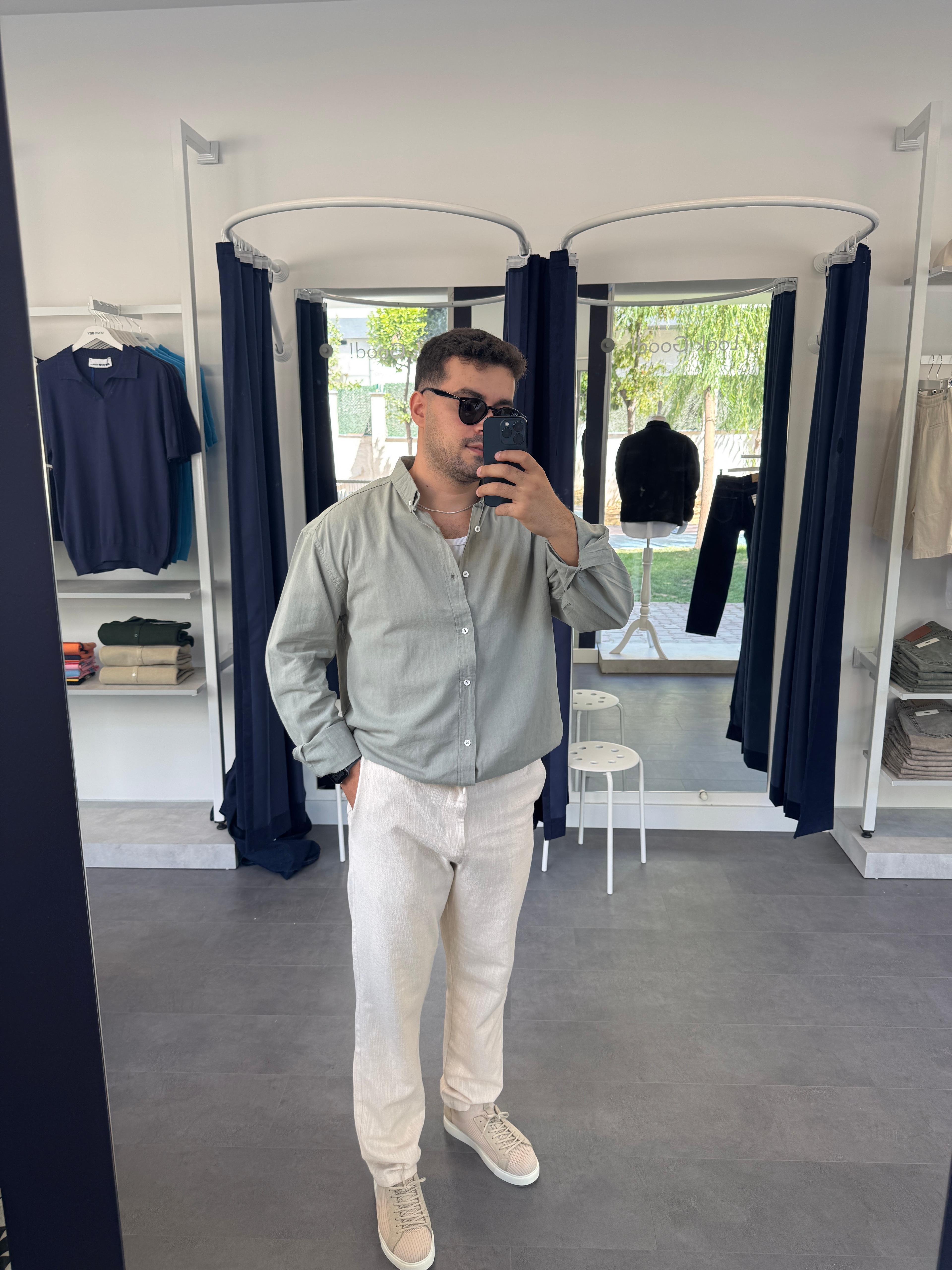 Haki Oversize Fresh Keten Gömlek & Bej Bel Lastikli Keten Pantolon (VV362)