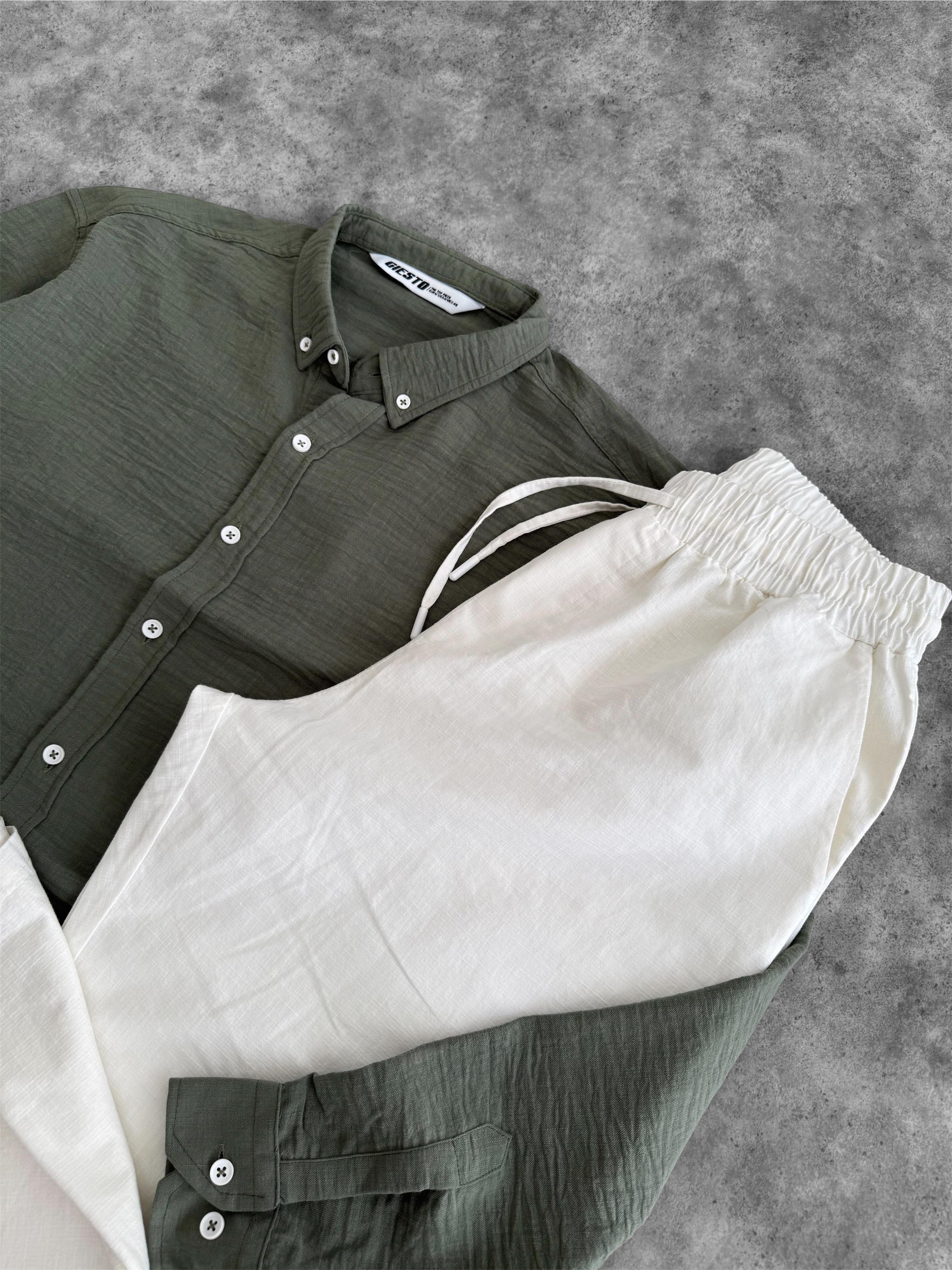 Haki Oversize Keten Gömlek & Ekru Giesto Baggy Kalıp Keten Pantolon (VV346)