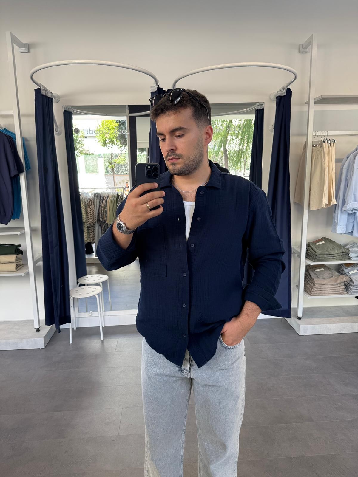 Müslin Kumaş Oversize Giesto Gömlek (VV366) - Lacivert