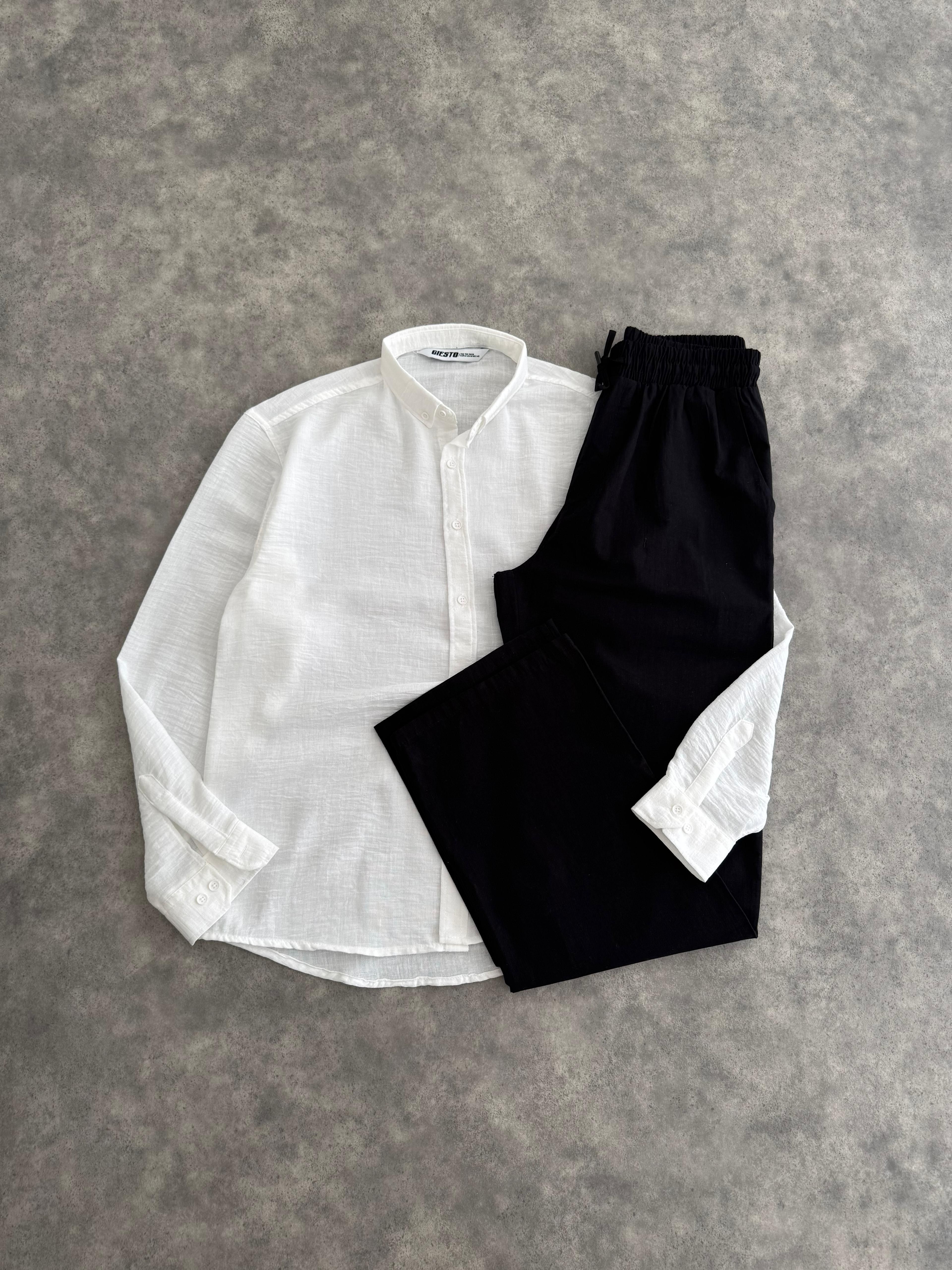 Beyaz Oversize Keten Gömlek & Siyah Giesto Baggy Kalıp Keten Pantolon (VV345)