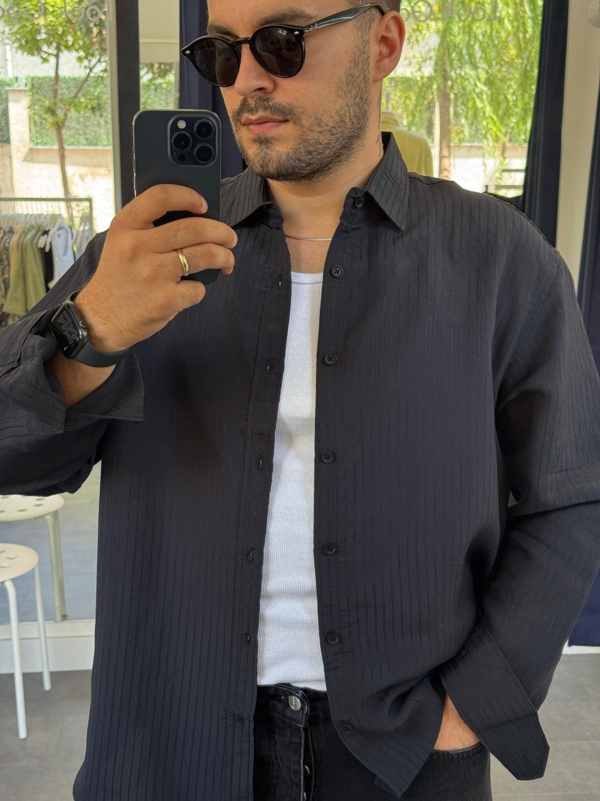 Siyah Armür Çizgili Oversize Gömlek (VV370)