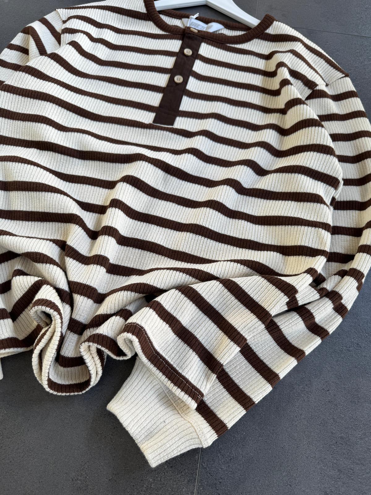 GG Çizgili Triko Kazak (VV396) - Kahverengi