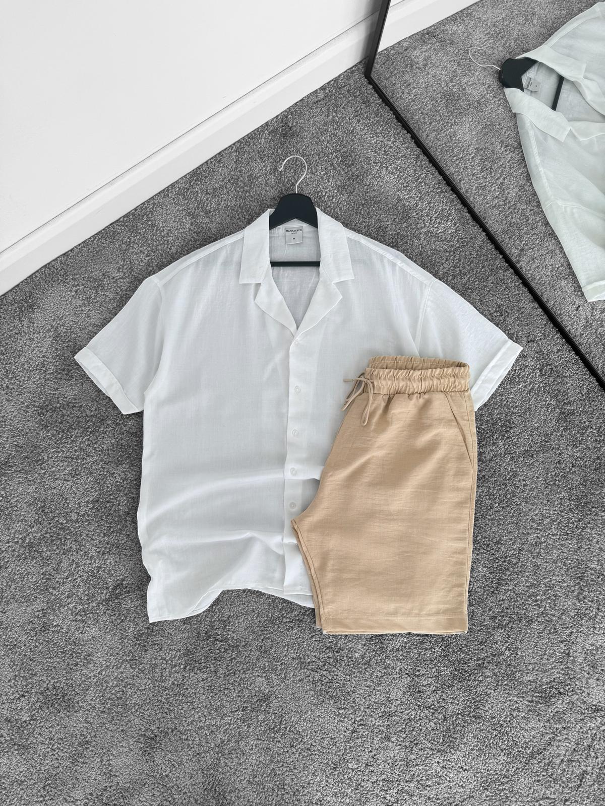 Beyaz Kısa Kollu Oversize Keten Gömlek & Bej Keten Şort