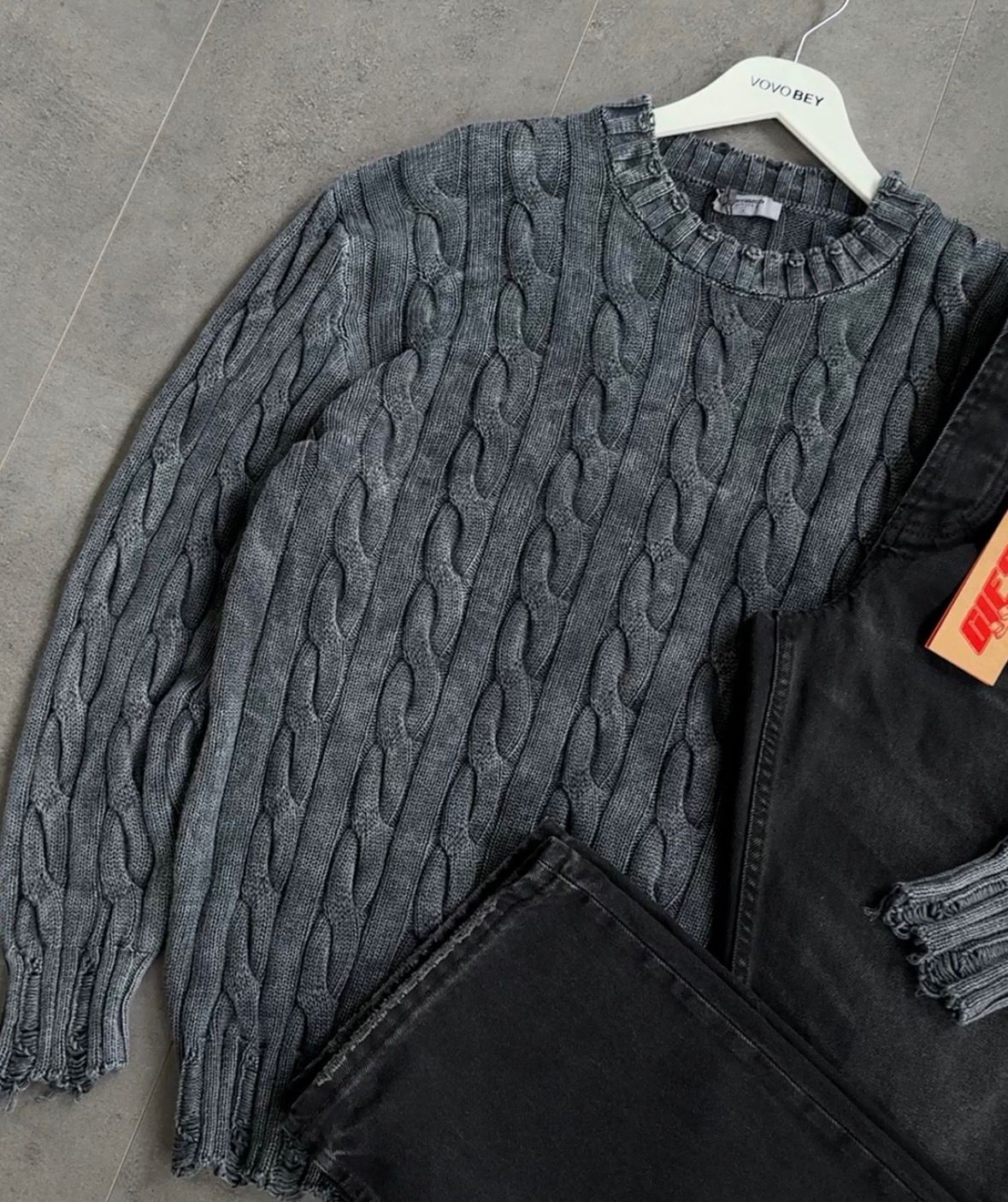 Yıkamalı Örgü Triko & Siyah Baggy Kot Pantolon (VV421)