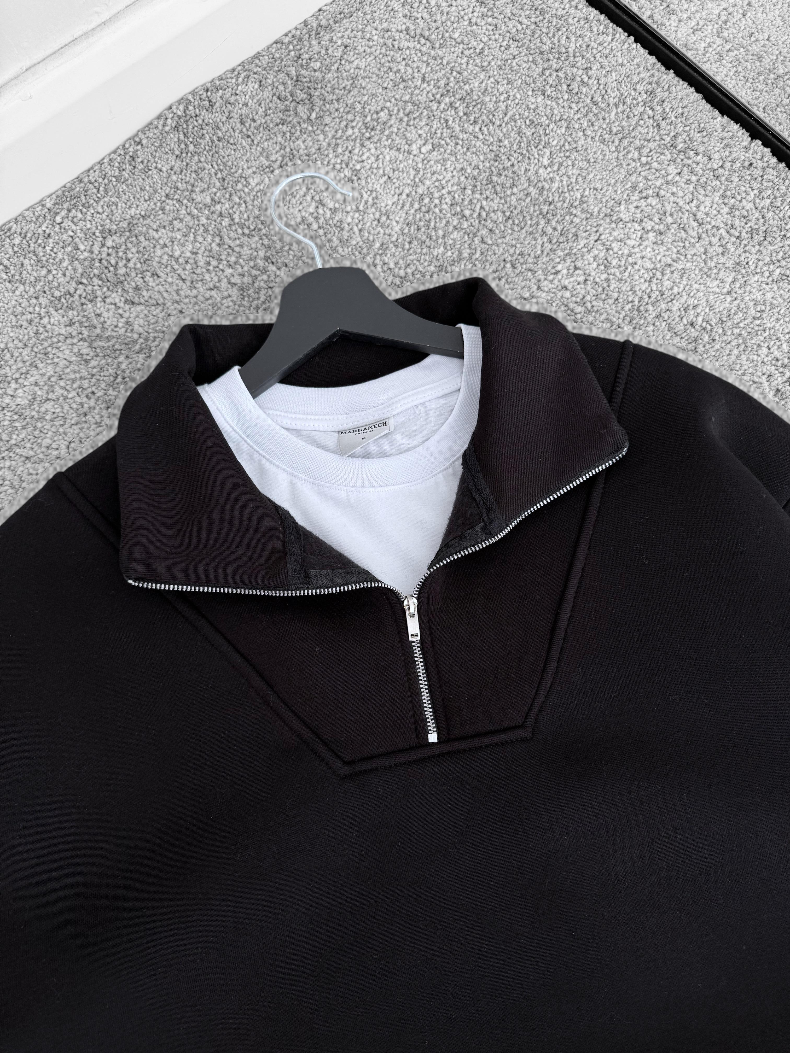 Siyah Üç İplik Şardonlu Yarım Fermuarlı Sweat & Buz Mavi Kot Boyfriend Pantolon (VV184)