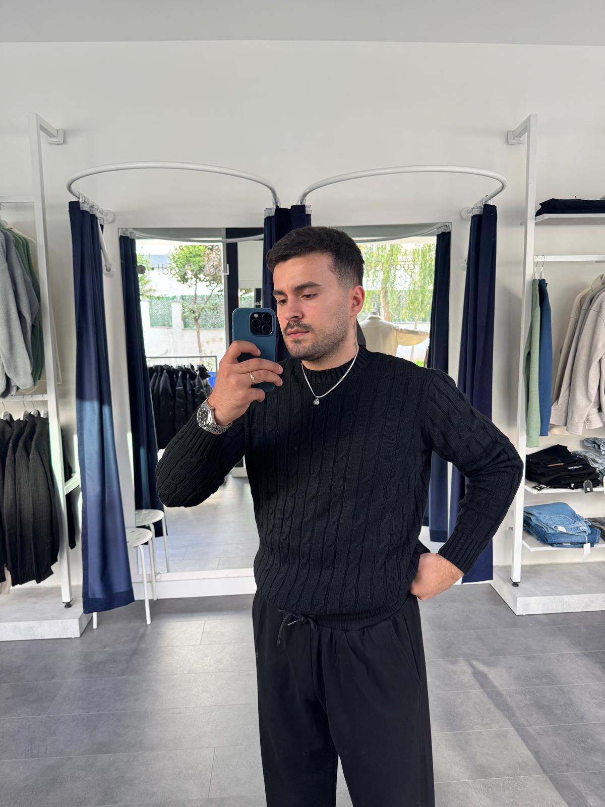 Örgü Desenli Standart Kalıp Triko (VV403) - Siyah