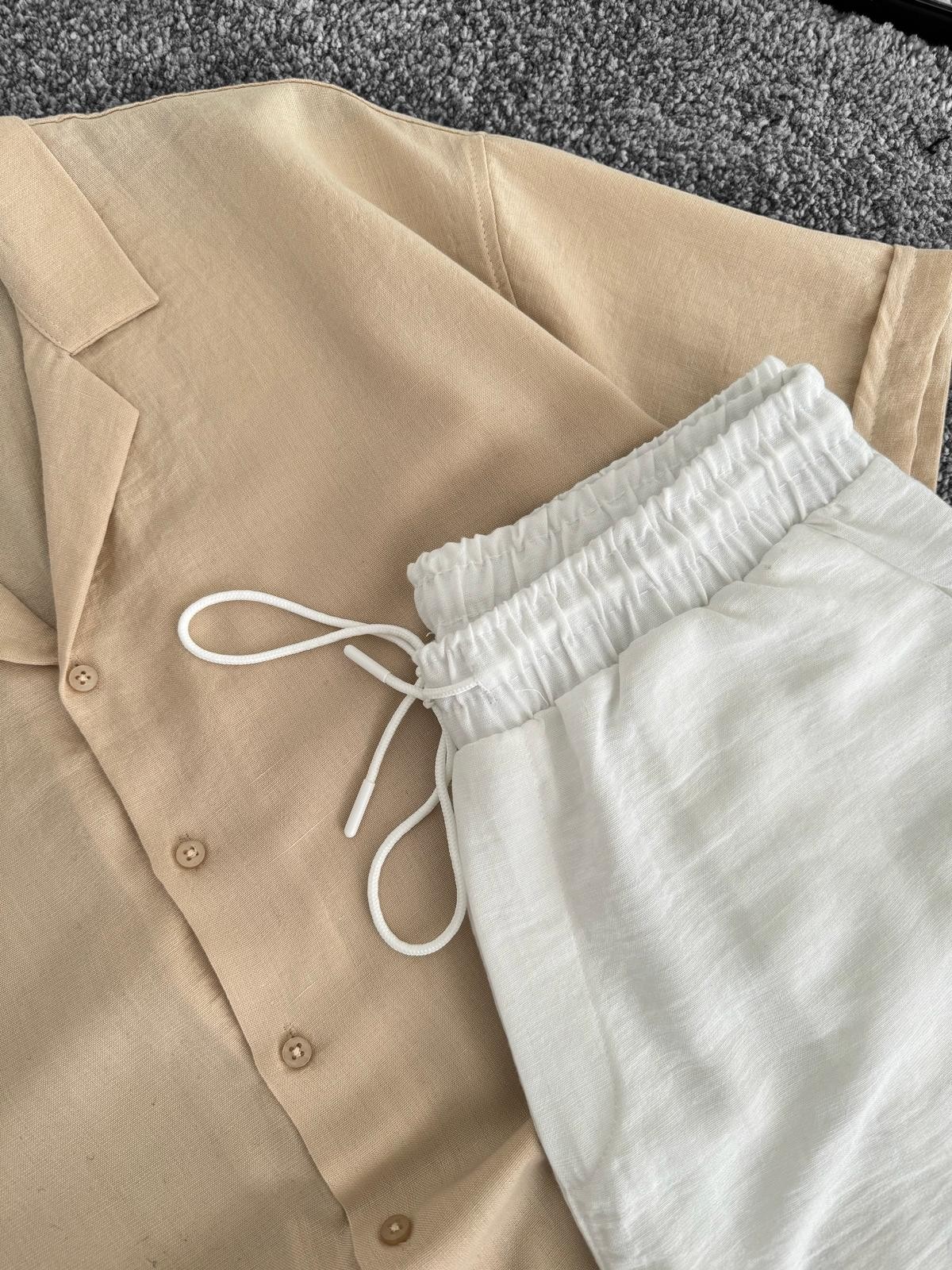 Bej Kısa Kollu Oversize Keten Gömlek & Beyaz Keten Şort