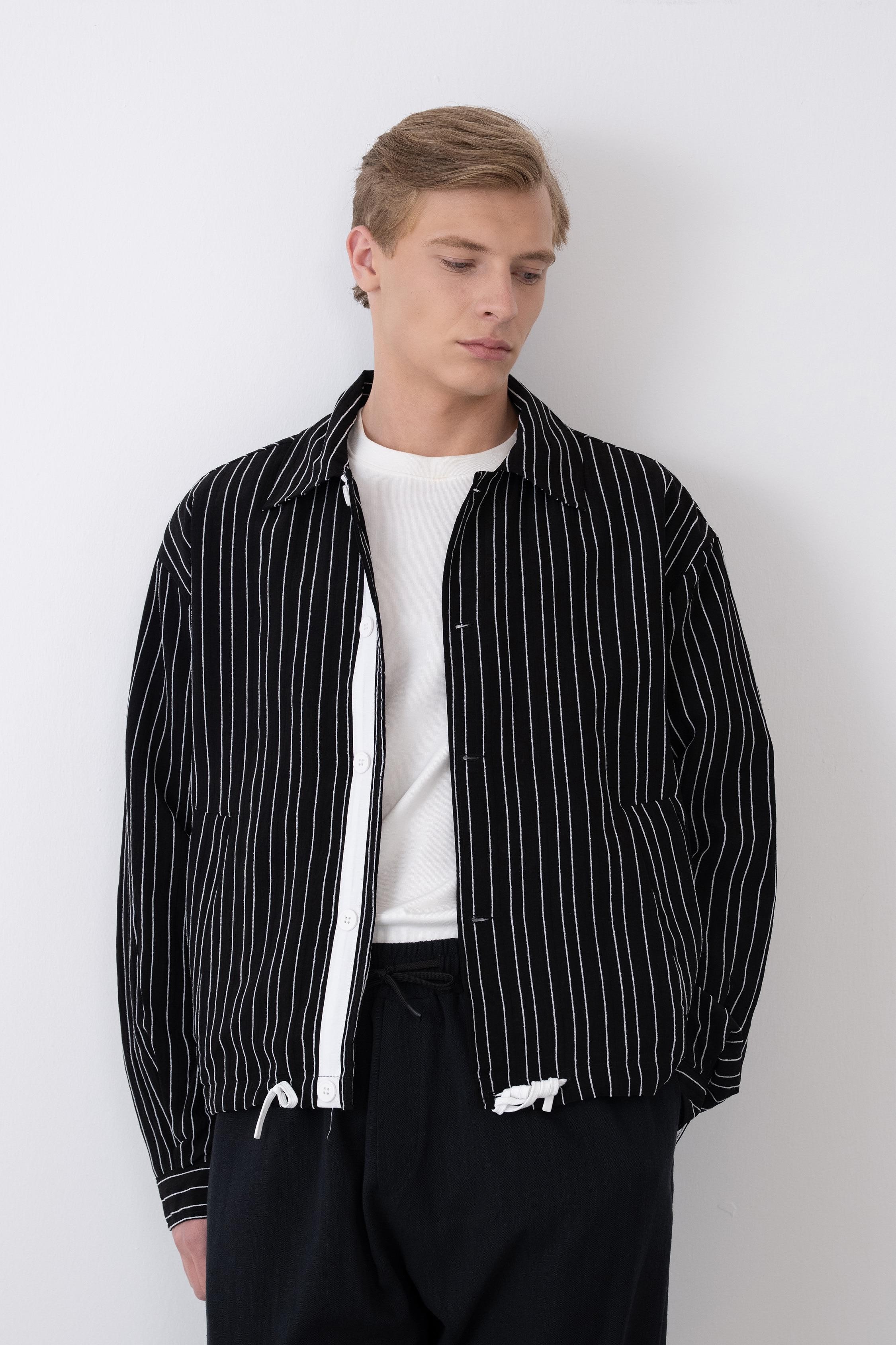 Astarlı Çizgili Oversize Ceket (VP104) - Siyah