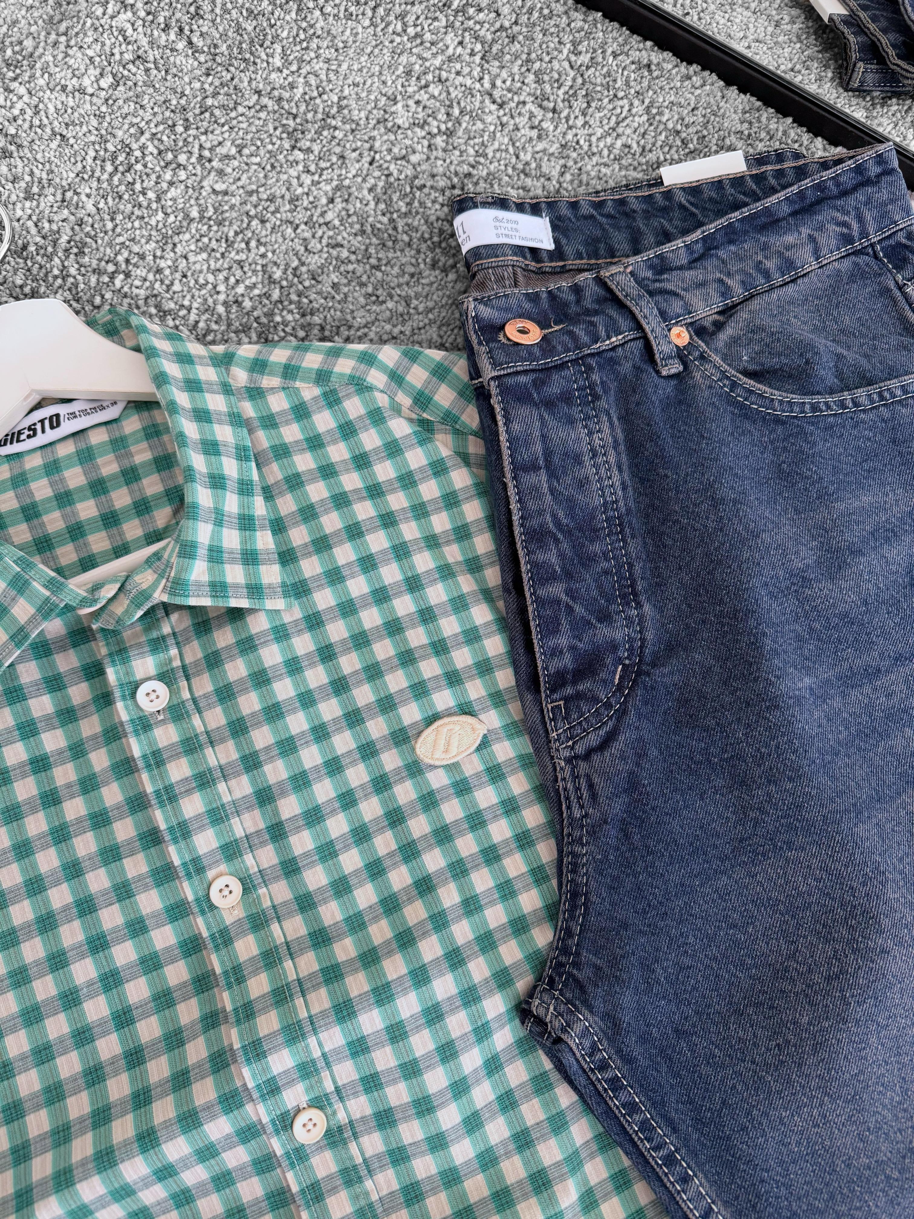 Kare Desenli Oversize Gömlek & Kot Baggy Pantolon (VV211) - Yeşil