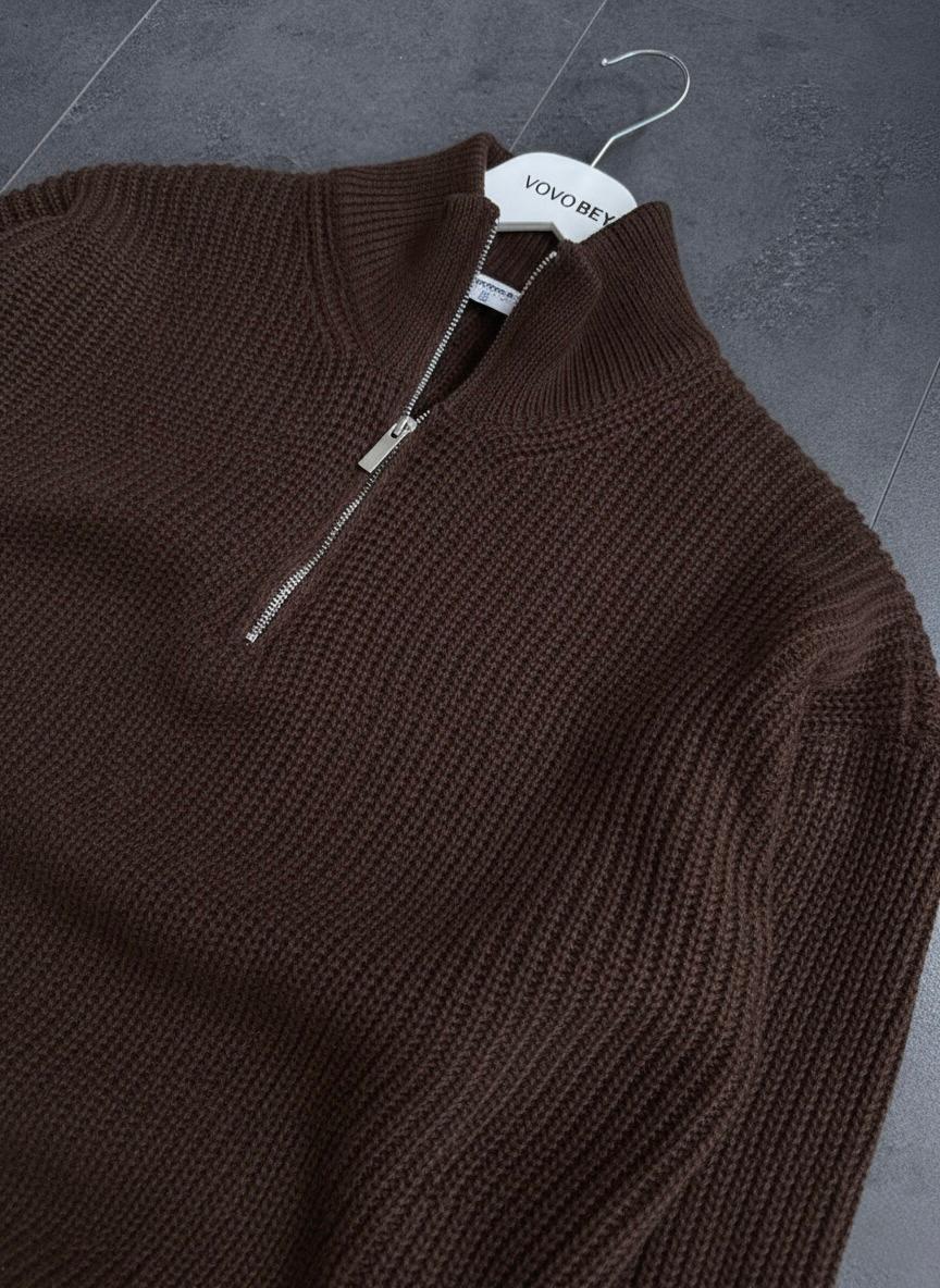 Yarım Fermuarlı Oversize Triko Kazak (VV402) - Kahverengi