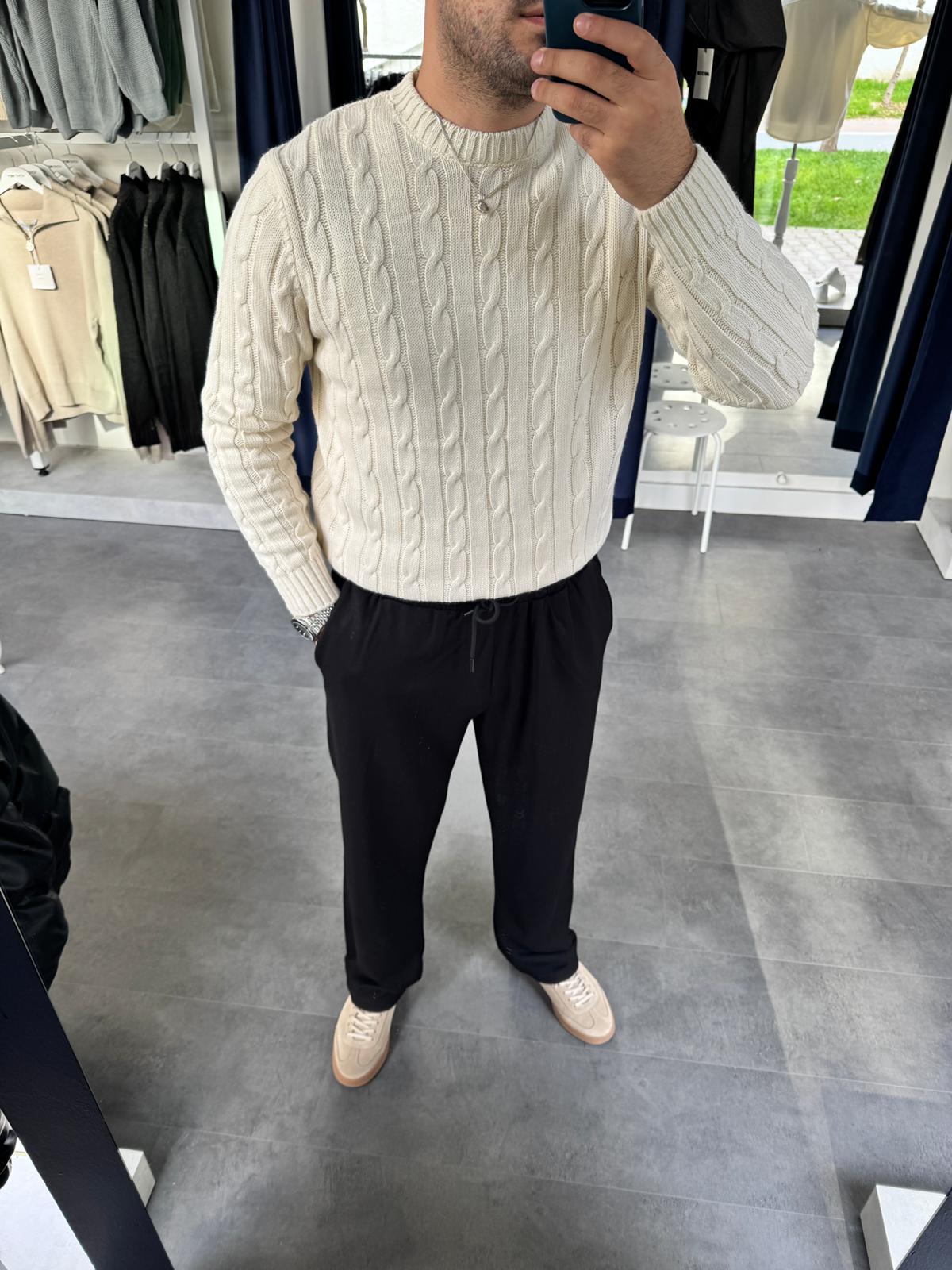 Örgü Desenli Standart Kalıp Triko (VV403) - Ekru