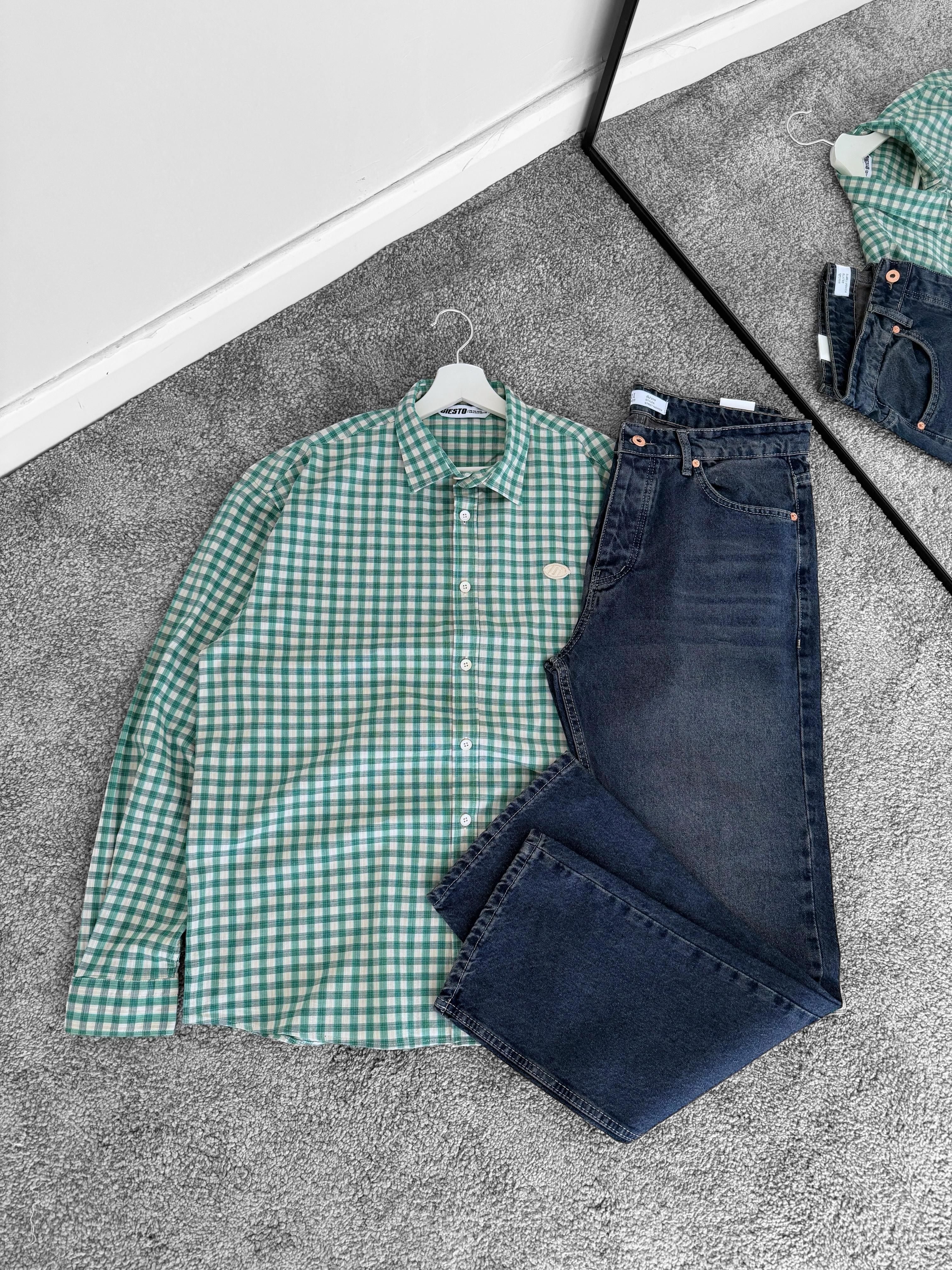 Kare Desenli Oversize Gömlek & Kot Baggy Pantolon (VV211) - Yeşil