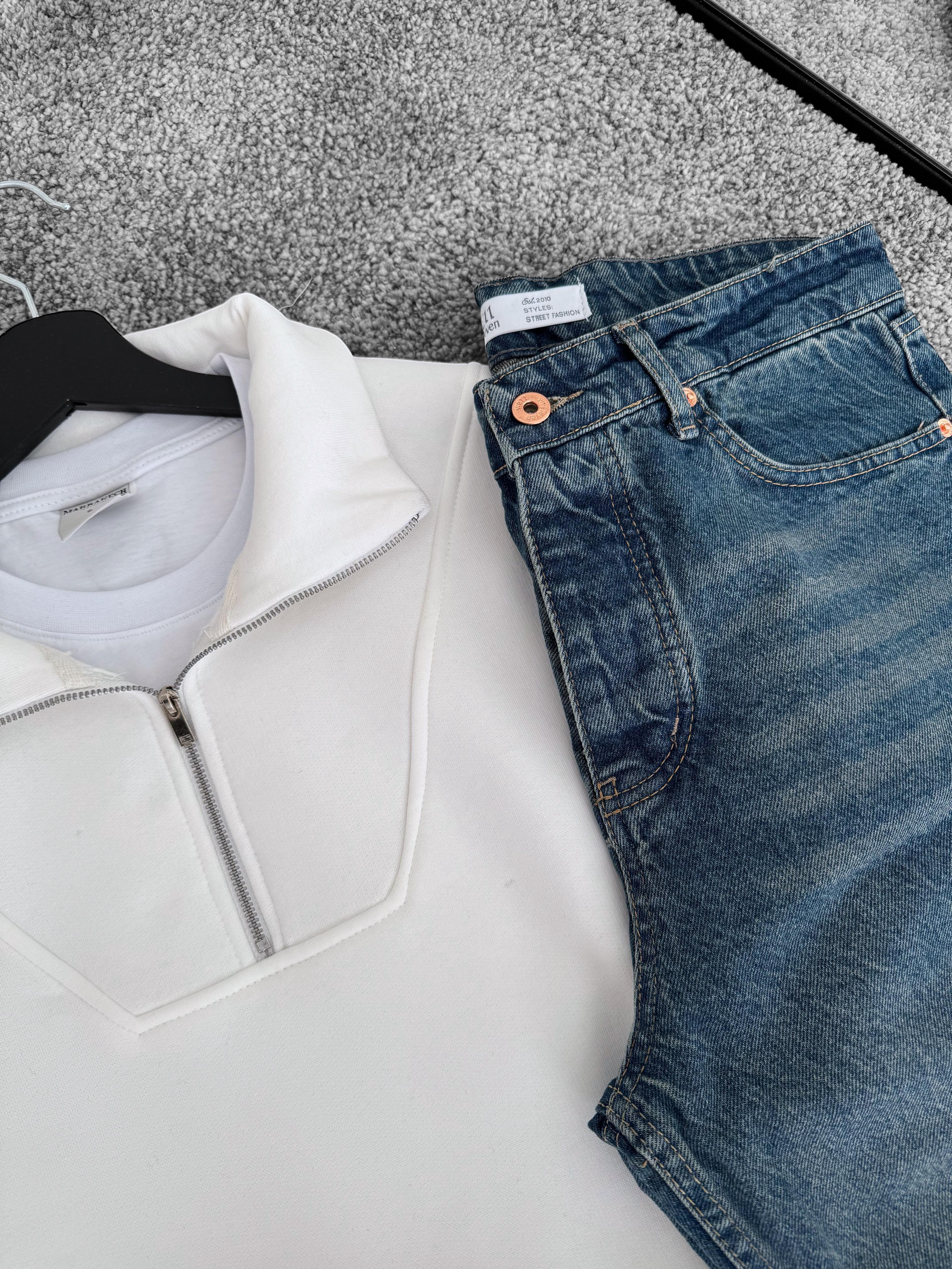 Beyaz Üç İplik Şardonlu Yarım Fermuarlı Sweat & Lacivert Yırtık Detaylı Boyfriend Pantolon (VV183)