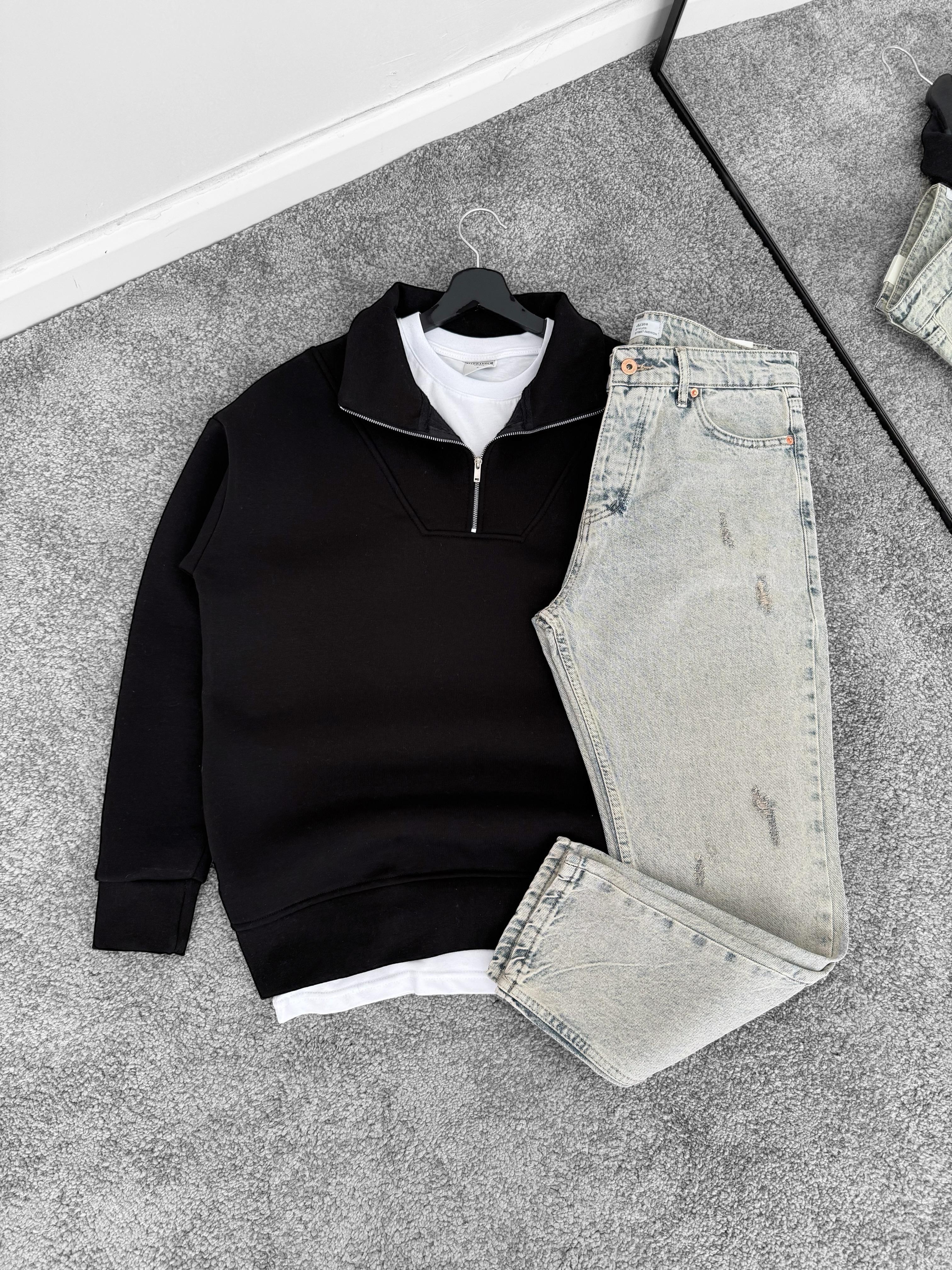 Siyah Üç İplik Şardonlu Yarım Fermuarlı Sweat & Buz Mavi Kot Boyfriend Pantolon (VV184)