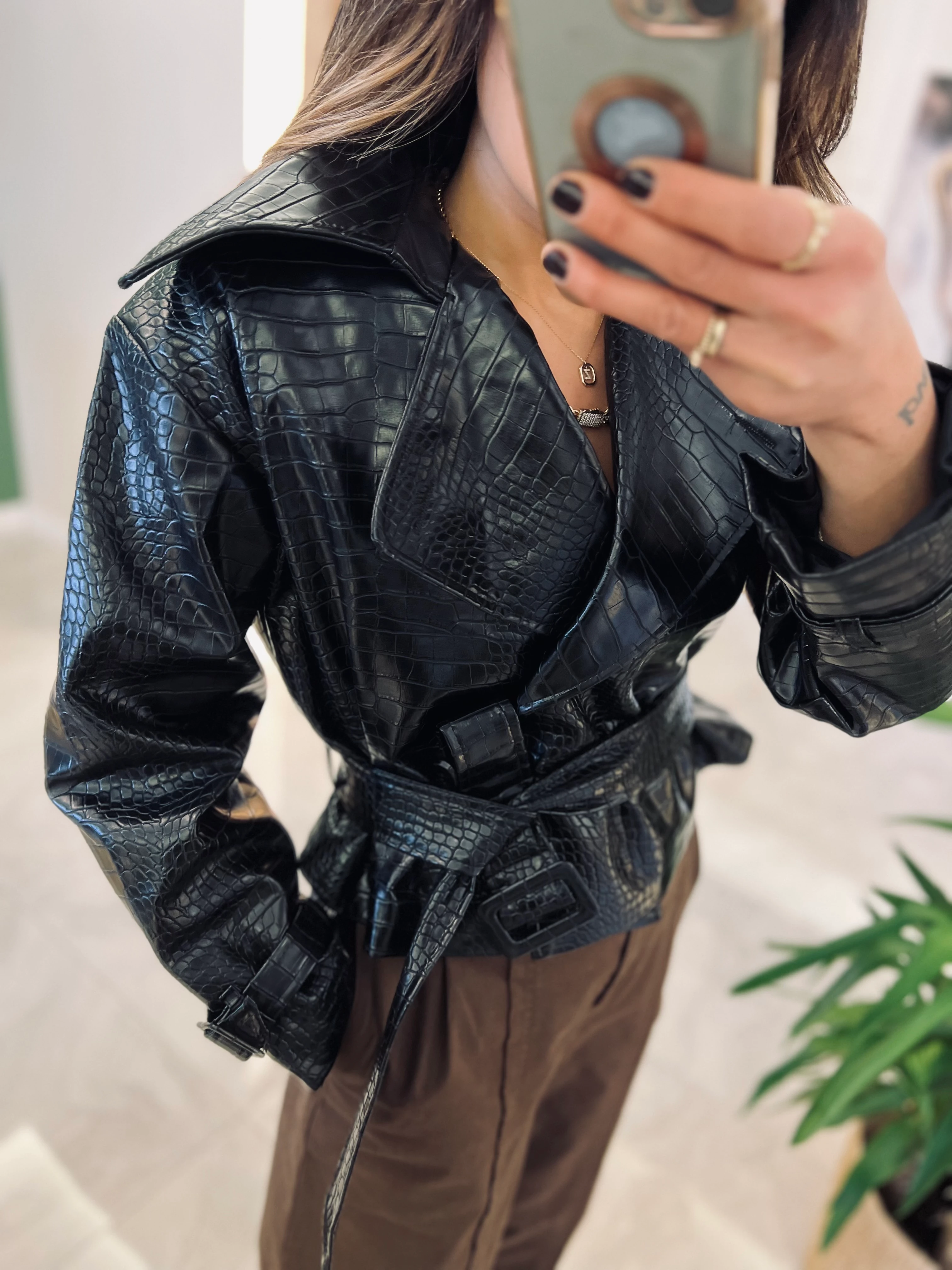 Krokodil Desen Siyah Deri Ceket