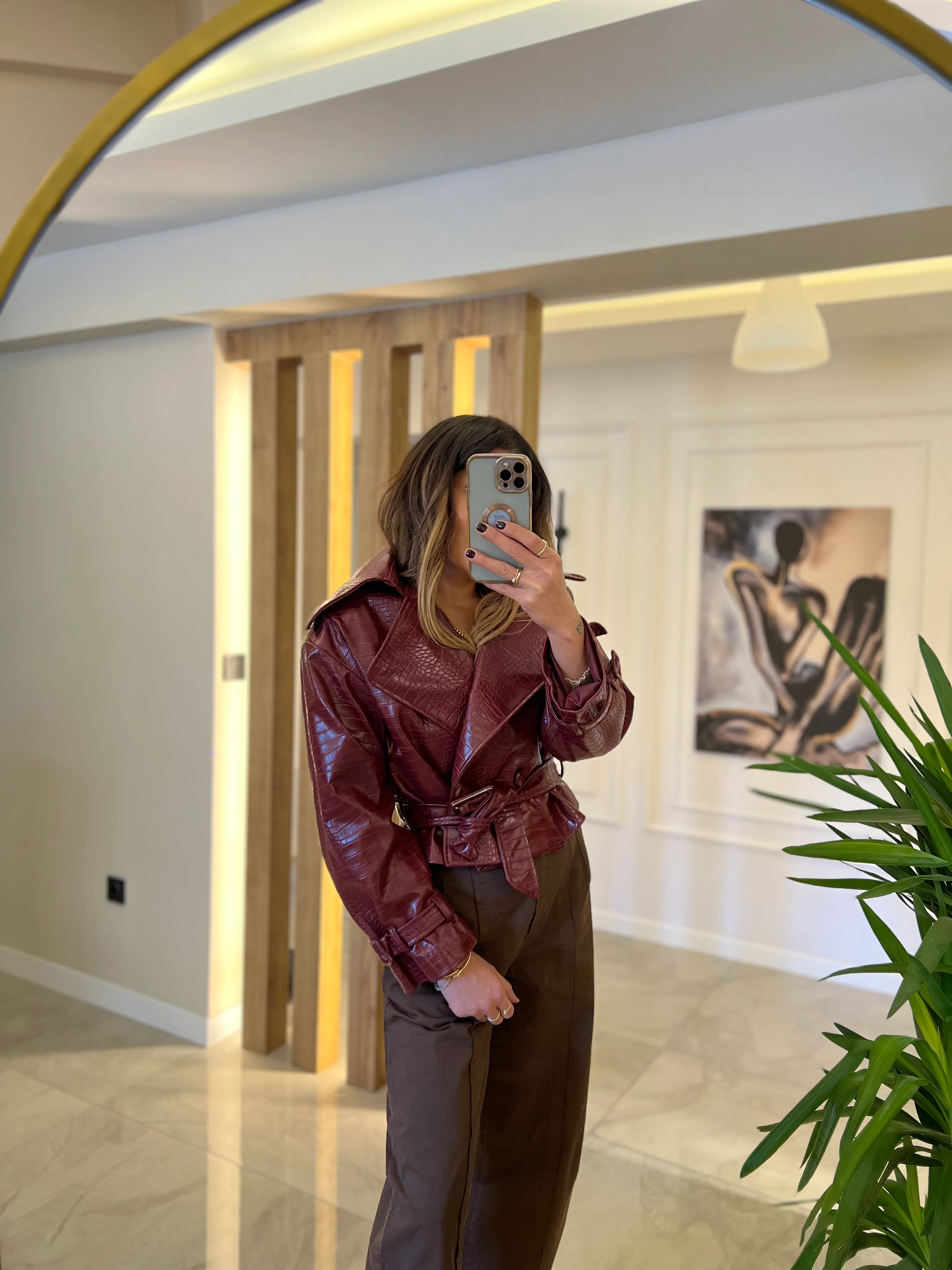 Krokodil Desen Bordo Deri Ceket