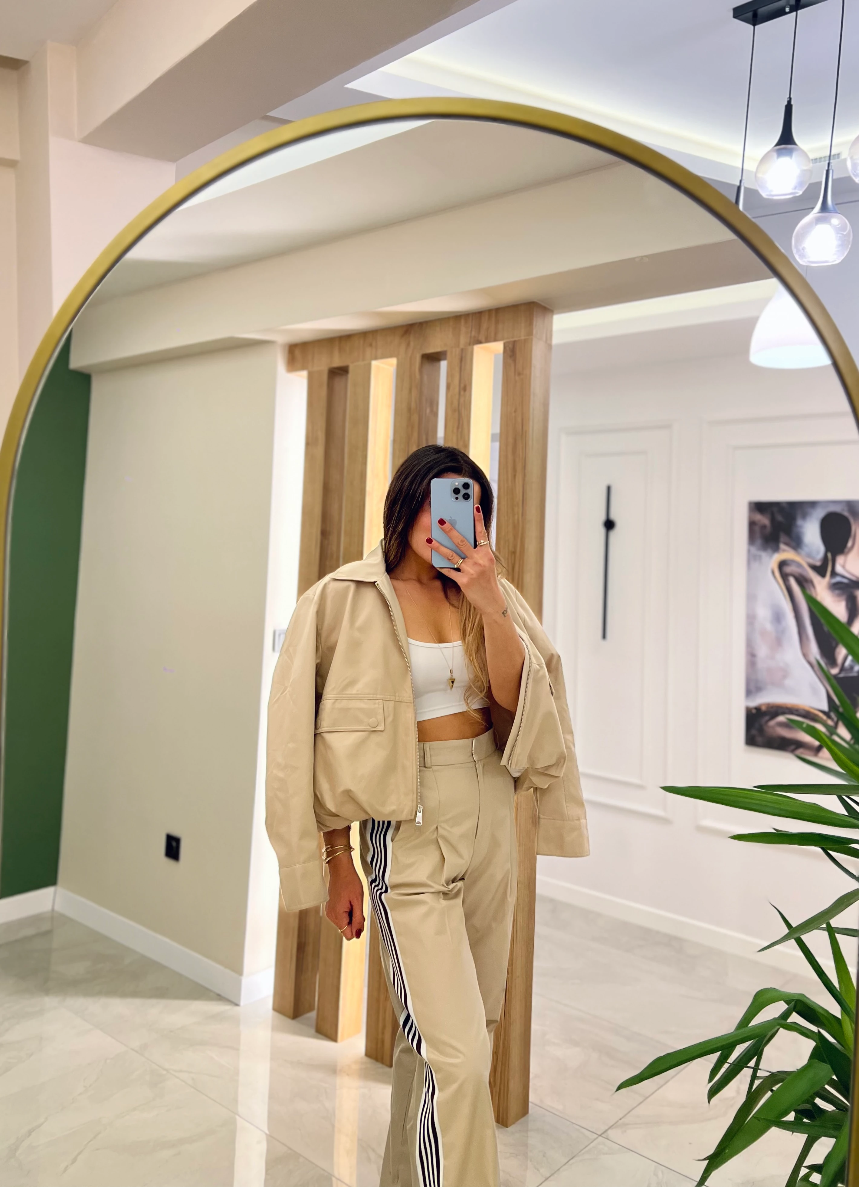 Bej Renk Şerit Detay Bomber Ceket