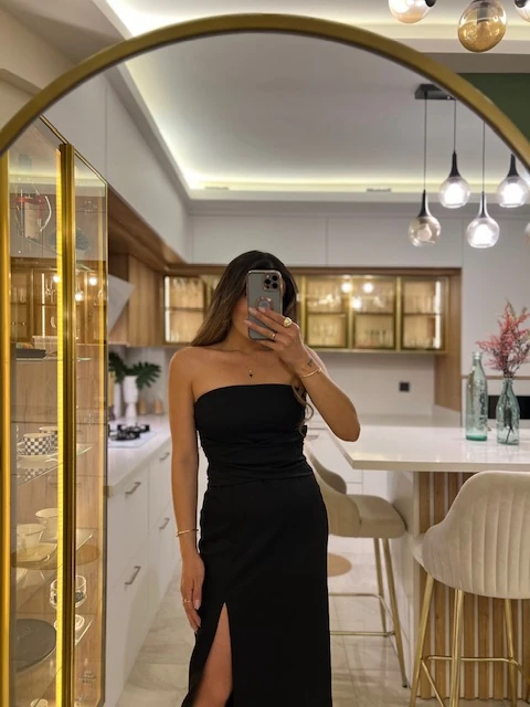 Straplez Elbise - Siyah Renk