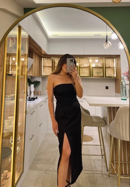 Straplez Elbise - Siyah Renk