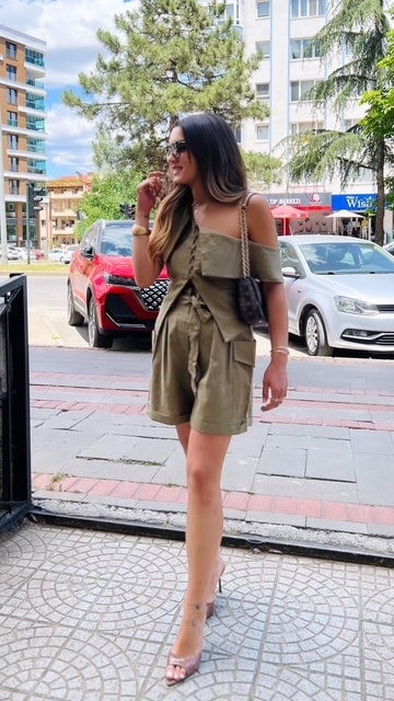 Haki Keten Şort Takım
