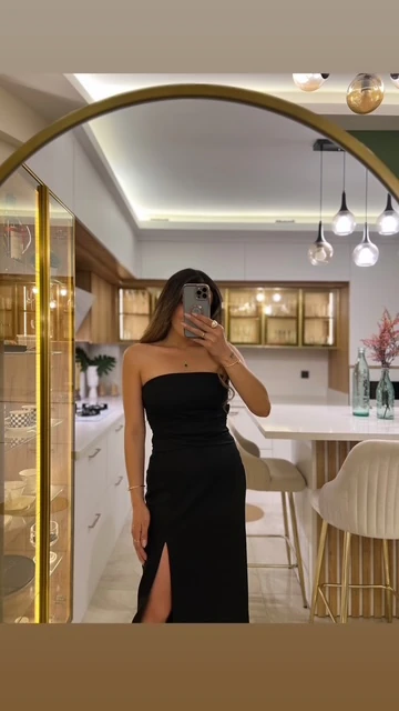 Straplez Elbise - Siyah Renk