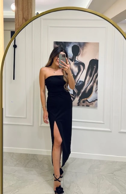 Straplez Elbise - Siyah Renk