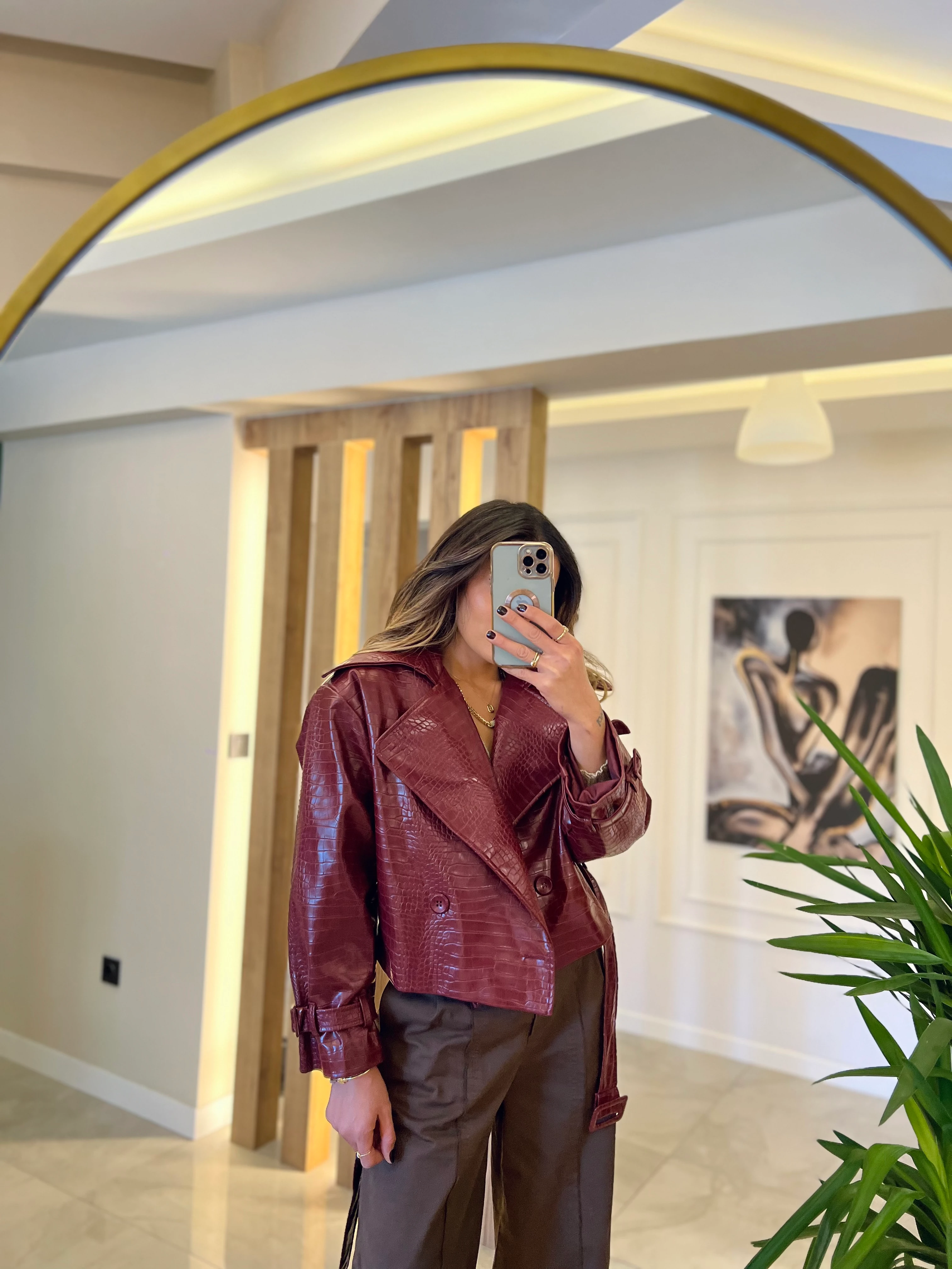 Krokodil Desen Bordo Deri Ceket