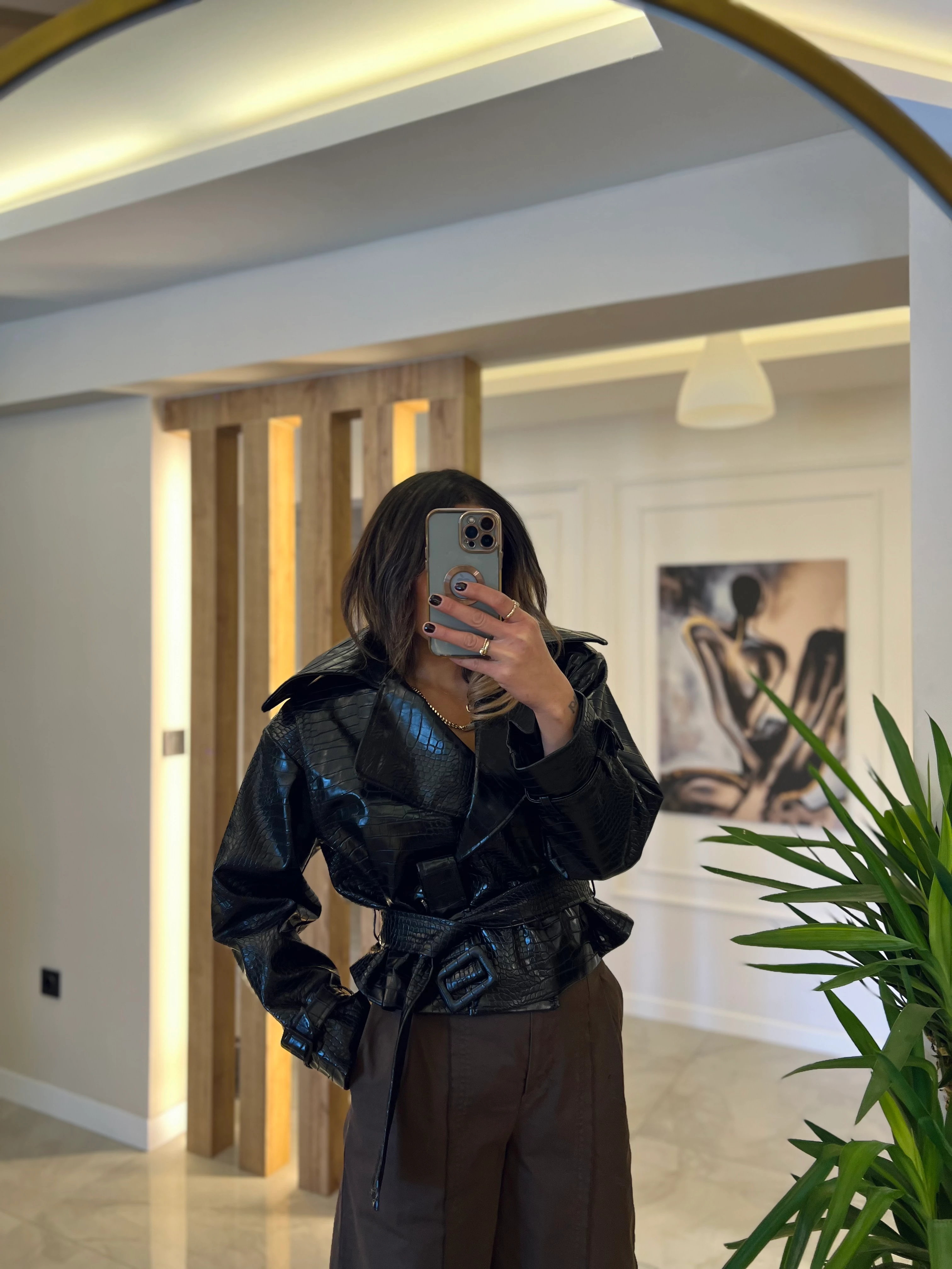 Krokodil Desen Siyah Deri Ceket