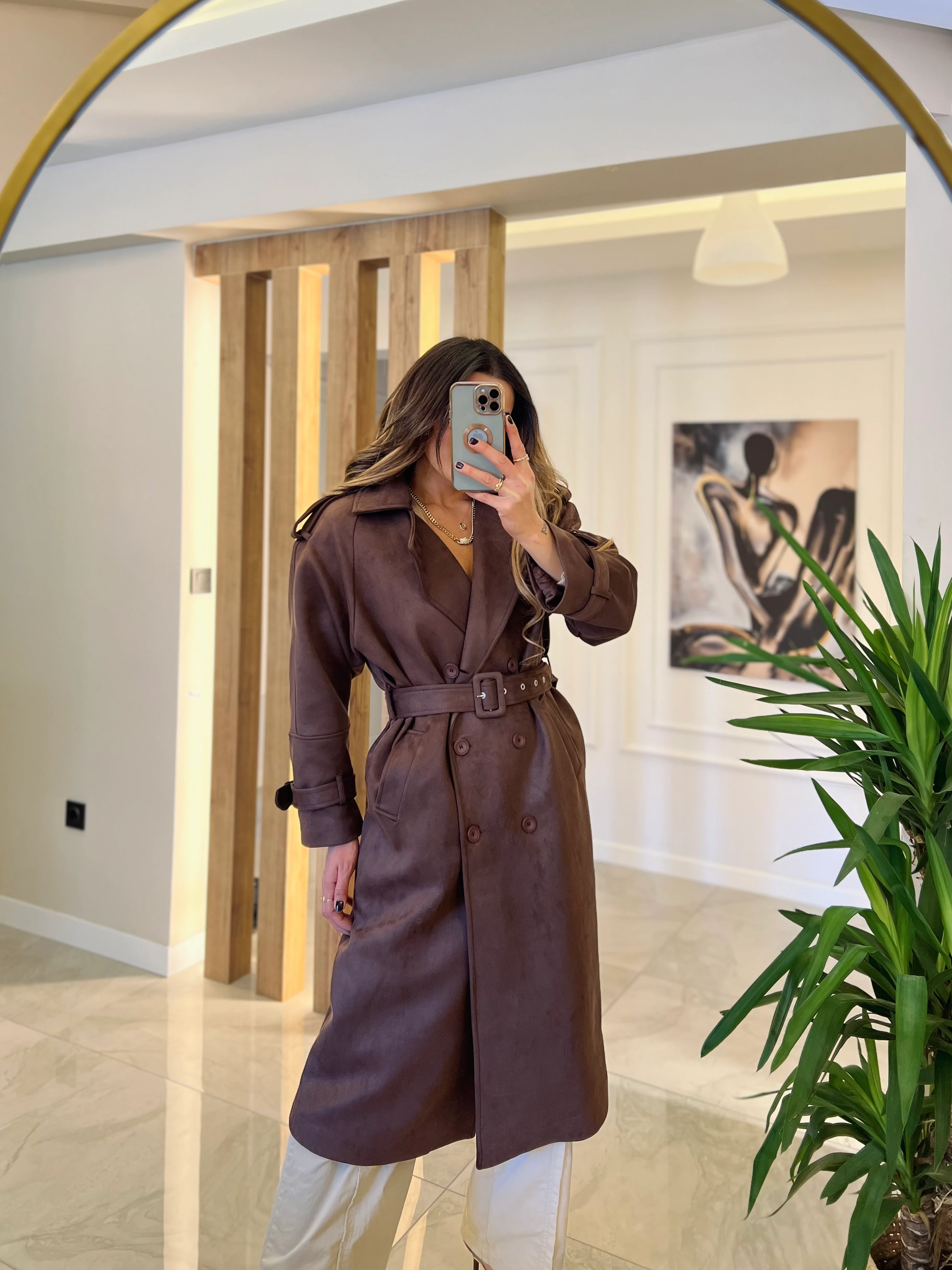 Süet acı kahve trenchcoat