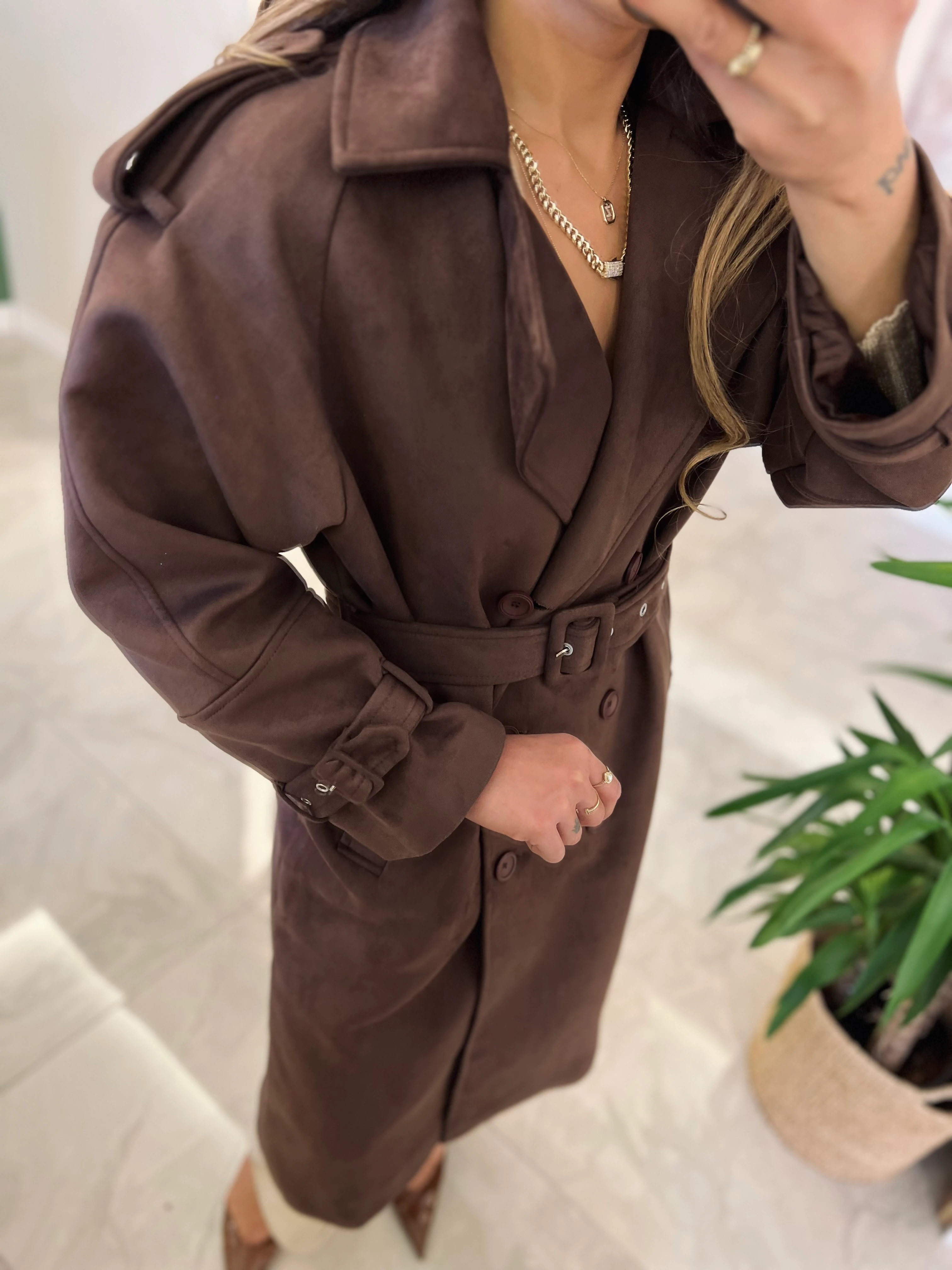 Süet acı kahve trenchcoat