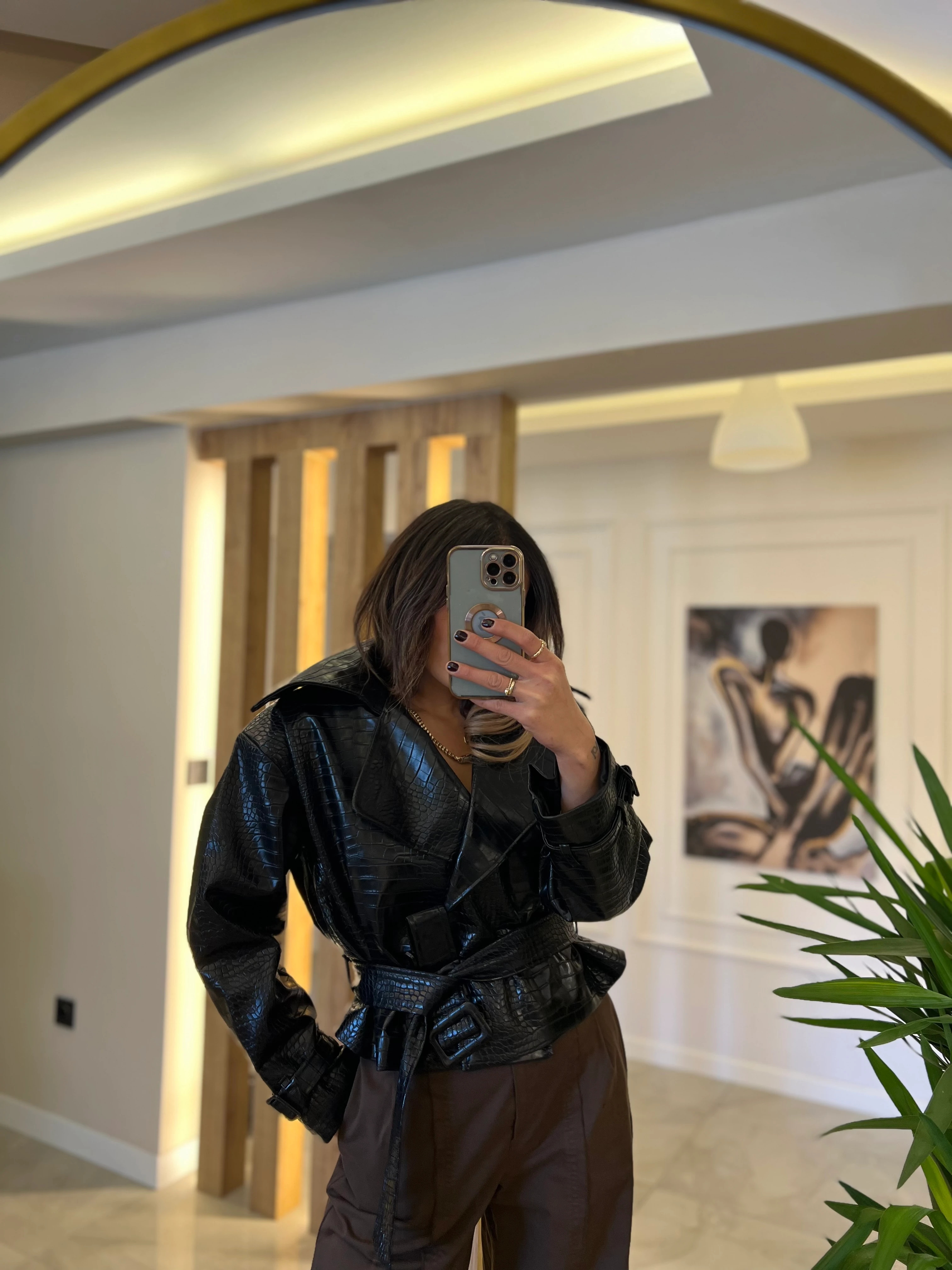 Krokodil Desen Siyah Deri Ceket