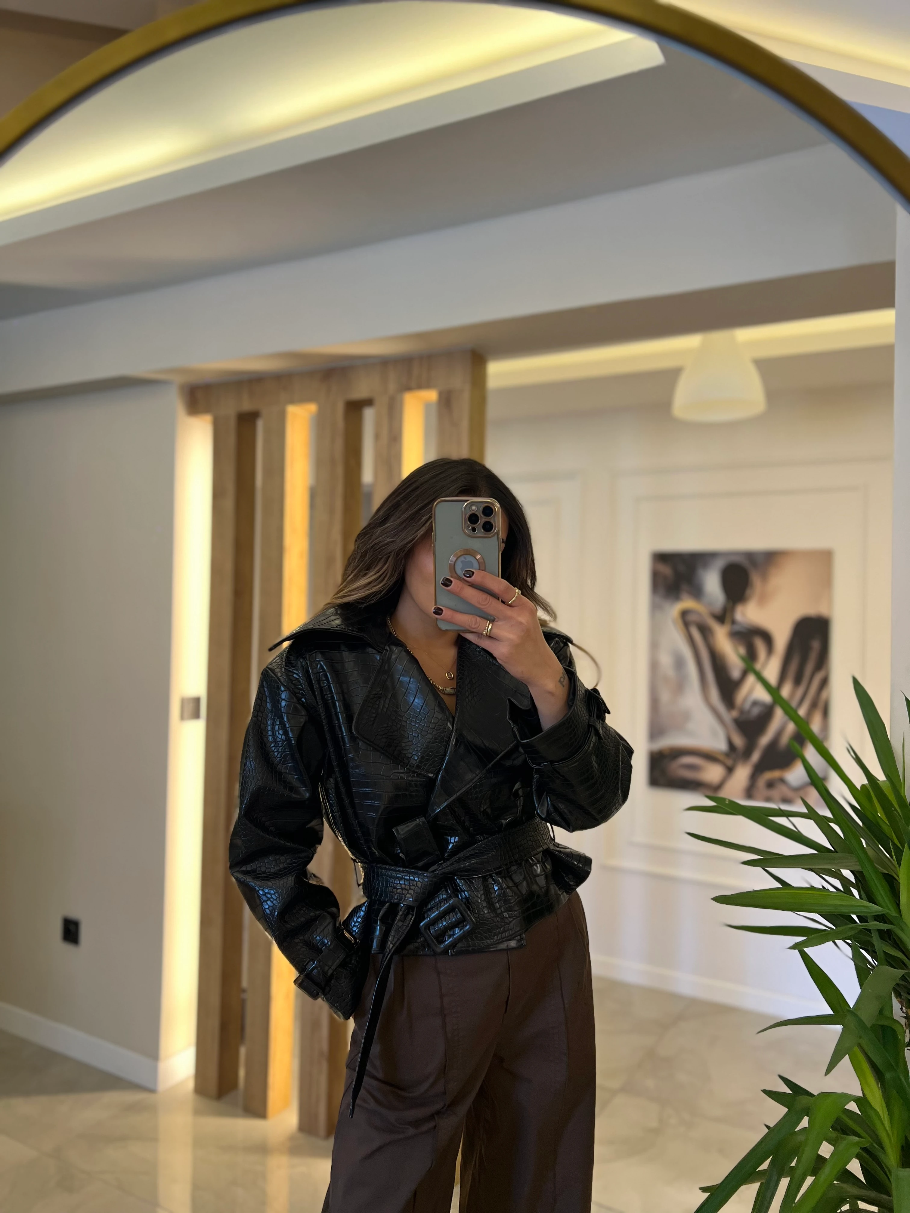 Krokodil Desen Siyah Deri Ceket