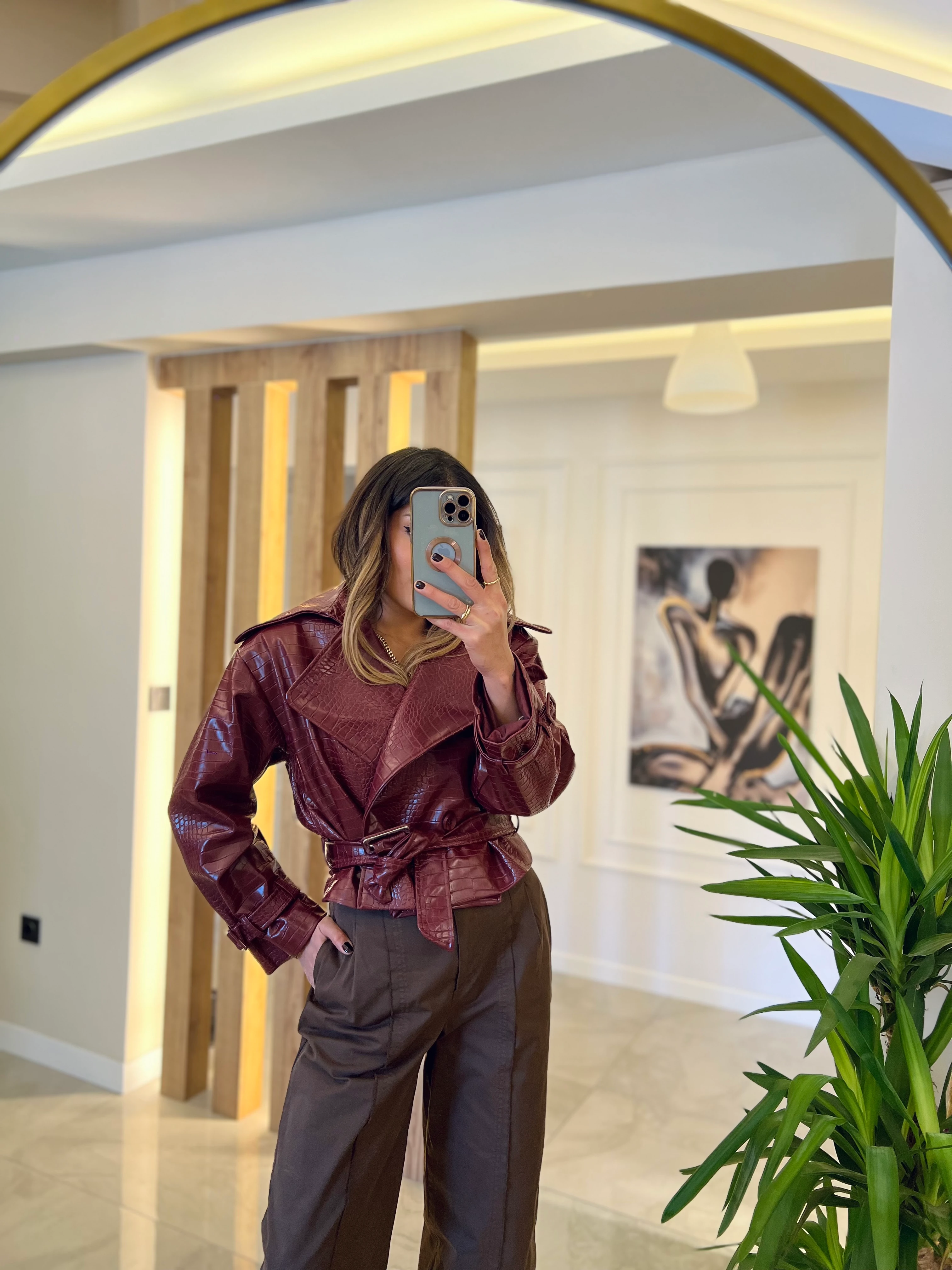 Krokodil Desen Bordo Deri Ceket