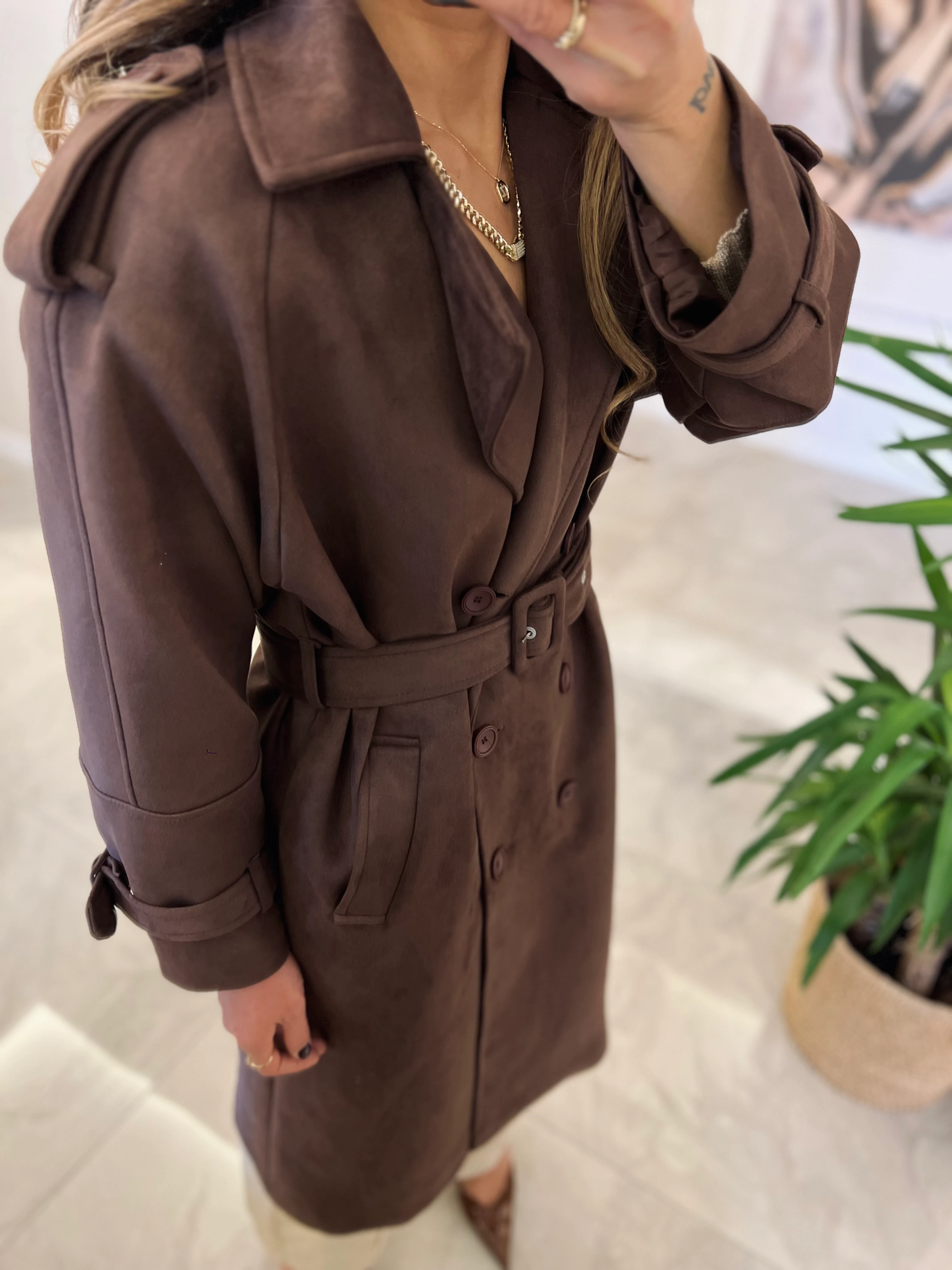 Süet acı kahve trenchcoat