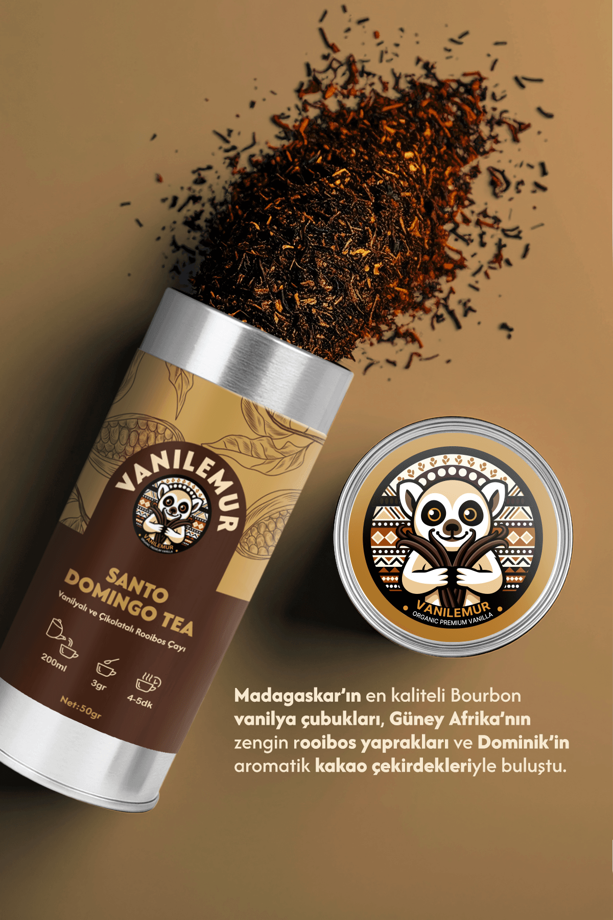 Vanilemur Rooibos Çikolata & Vanilya Çayı 50g – Doğal Aromalı, Kafeinsiz Keyif