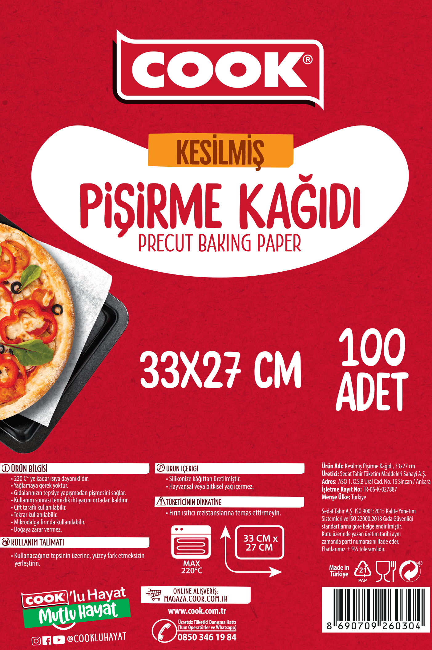 COOK EDT Kesilmiş Pişirme Kağıdı ( 33 CM. X 27 CM. ) 100 Yaprak