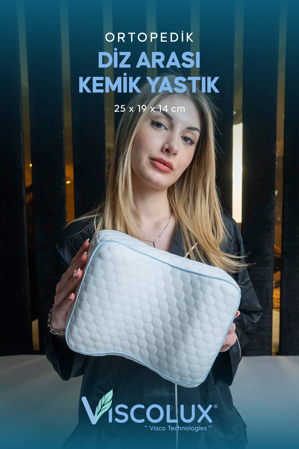 Bacak Arası Ortopedik Yastık - Diz Bacak Arası Visco Yastık Bacak Destek Minderi Mavi 25x19x14