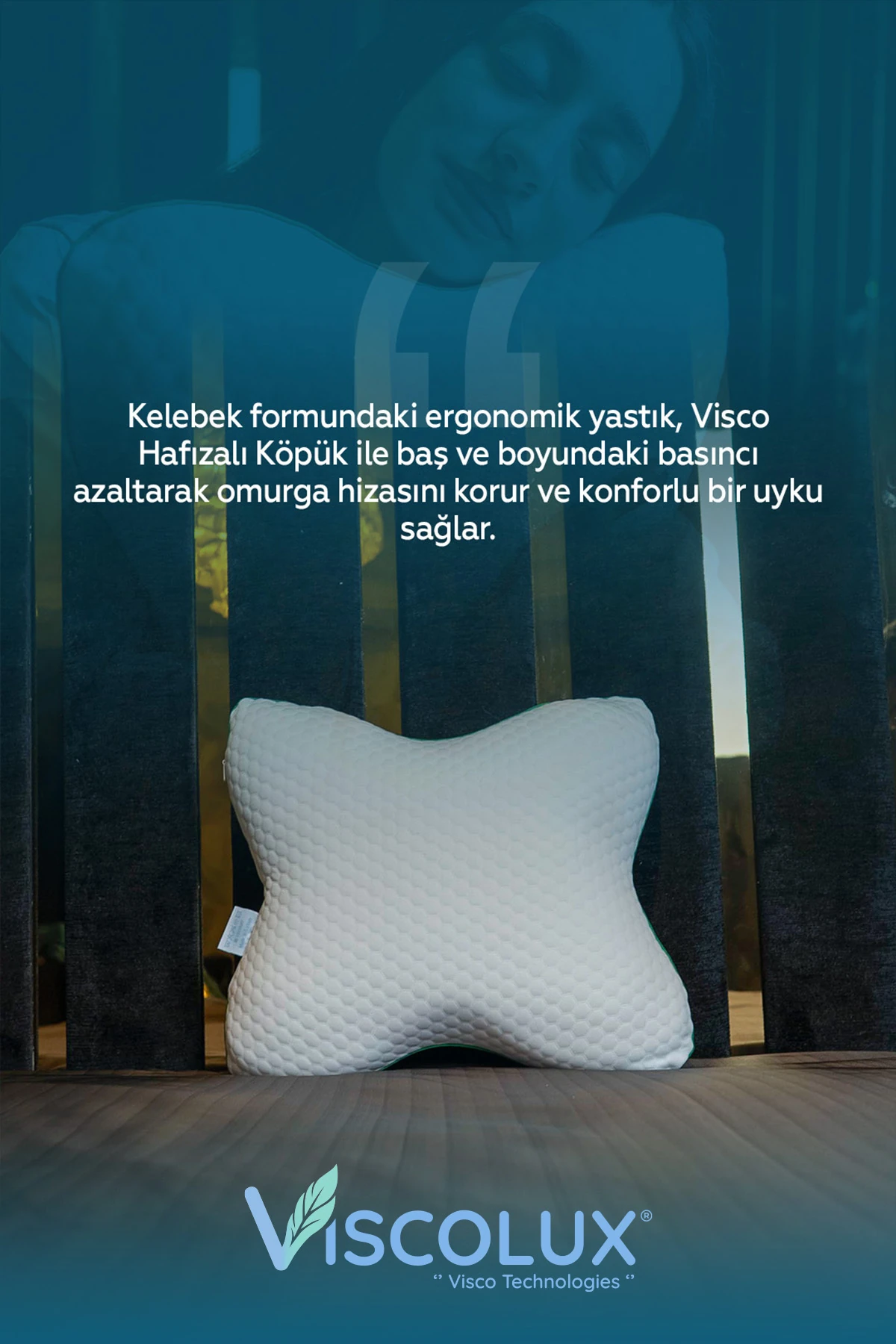 Visco Kelebek Yastık - Özel Ortopedik Boyun Destekli Visco Yastık 57x45x13