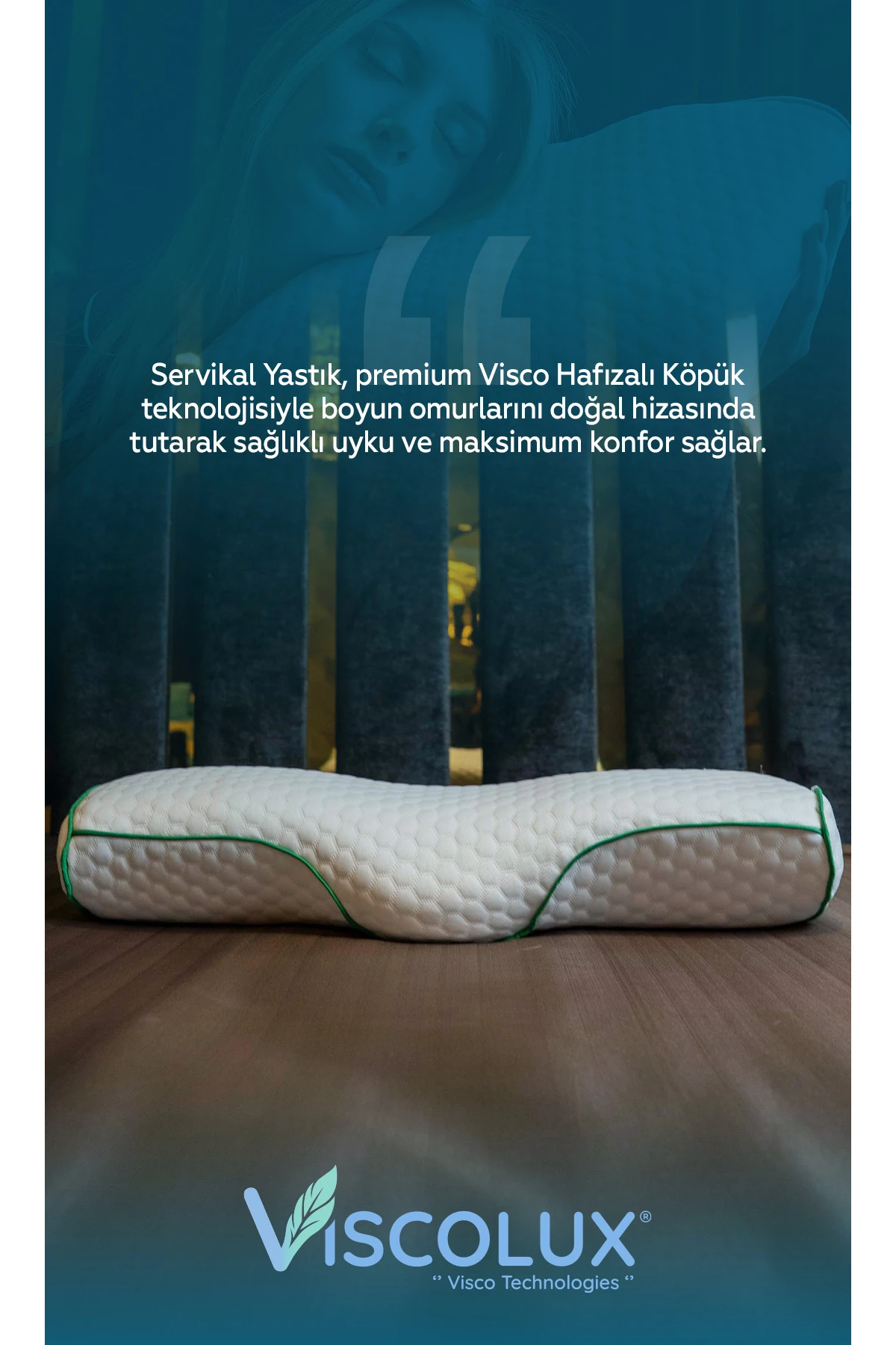 Servikal Boyun Destek Ortopedik Yastık - Boyun Düzleşmesi Visco Yastık Yeşil 56x34x10,5