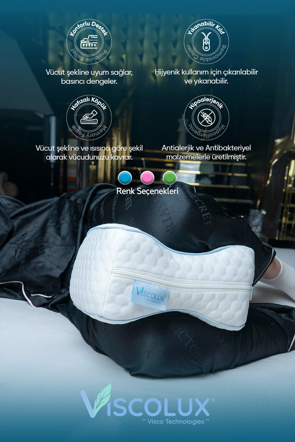 Bacak Arası Ortopedik Yastık - Diz Bacak Arası Visco Yastık Bacak Destek Minderi Mavi 25x19x14