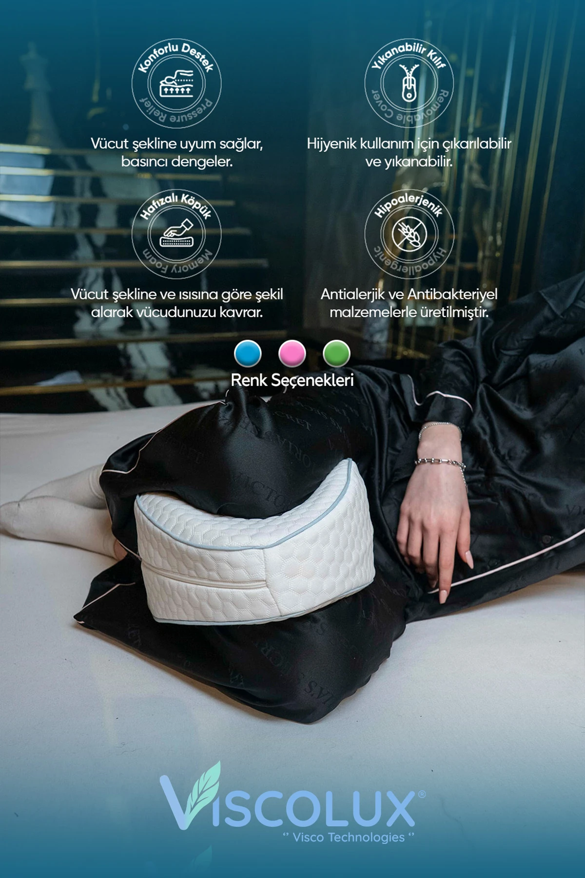 Diz Arası Ortopedik Yastık - V Model Diz Arası Yastık Visco Yastık Mavi 25x25x15