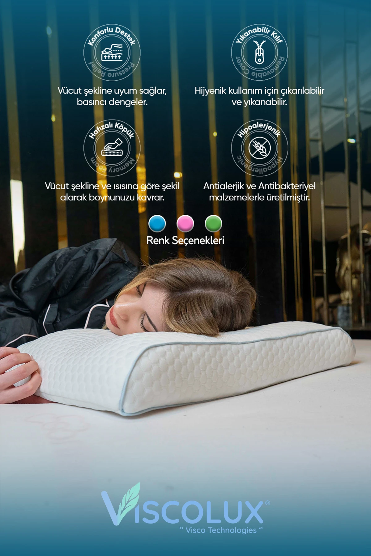 Bombeli Lüx Boyun Destekli Ortopedik Yastık; Anti-aging Visco Yastık Mavi 57x42x13/11